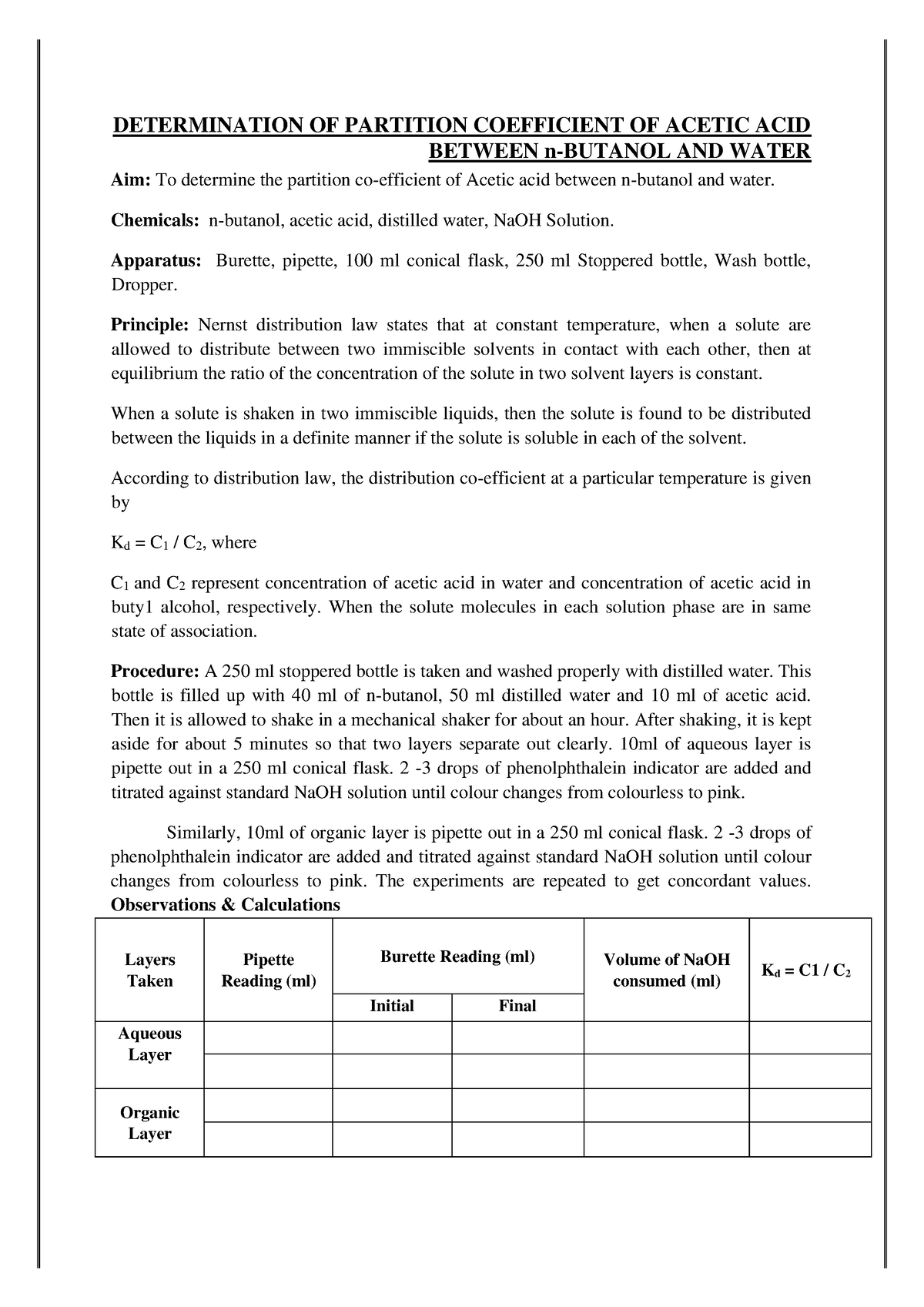 Determination Of Partition Coefficient Of Acetic Acid Between N