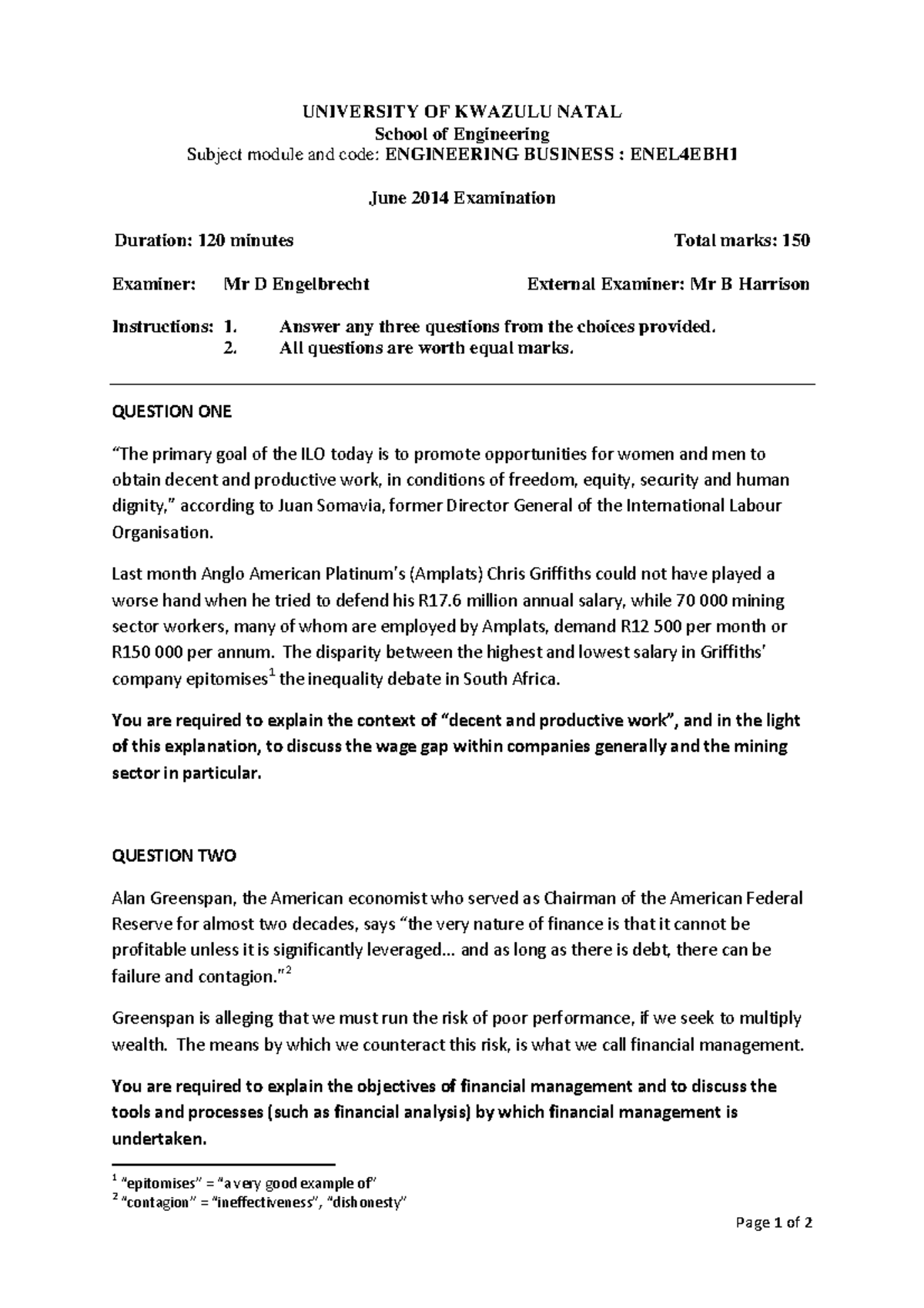 Exam June 2014 - UNIVERSITY OF KWAZULU NATAL School of Engineering ...