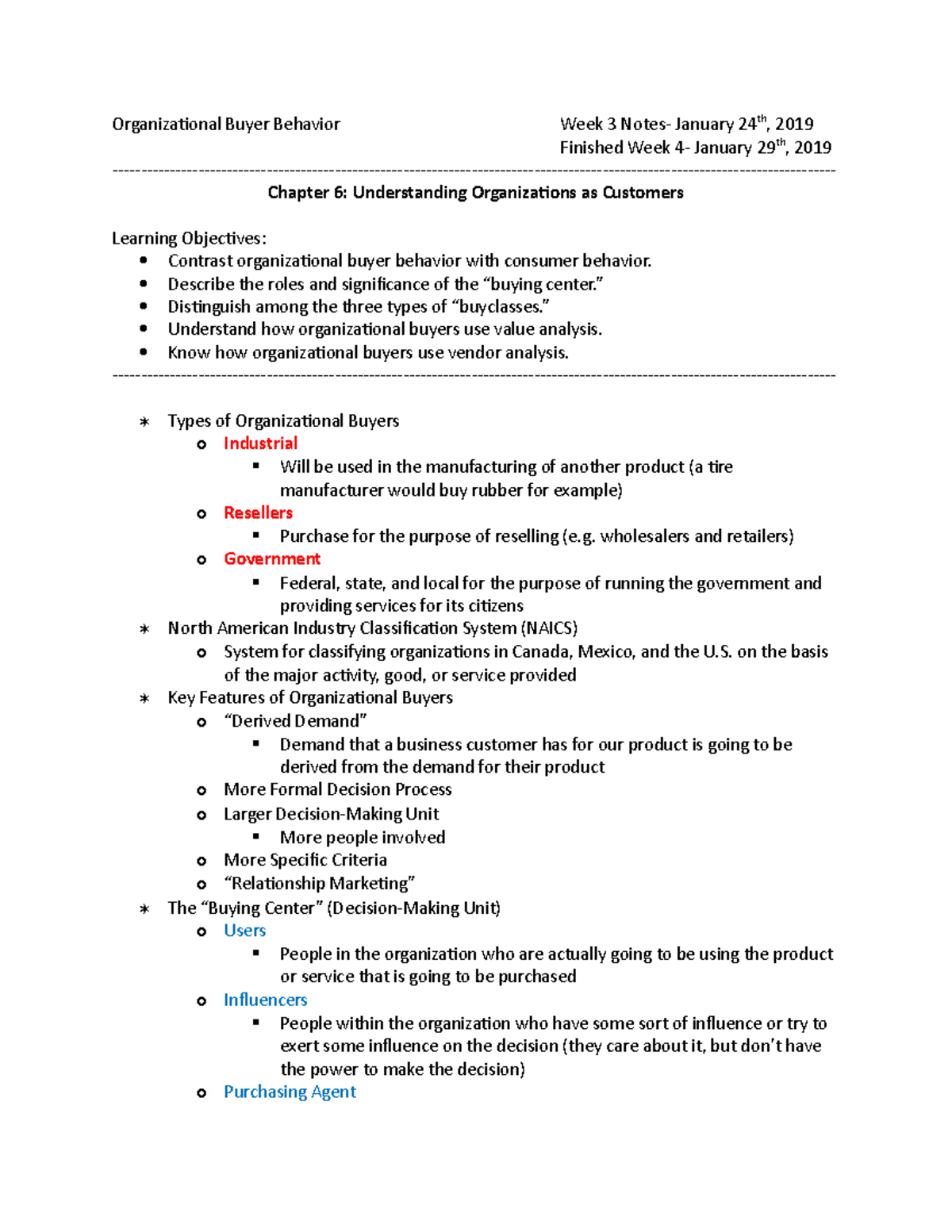 MAR3023- Week 3 Notes (Jan. 24) - Organizational Buyer Behavior Week 3 ...