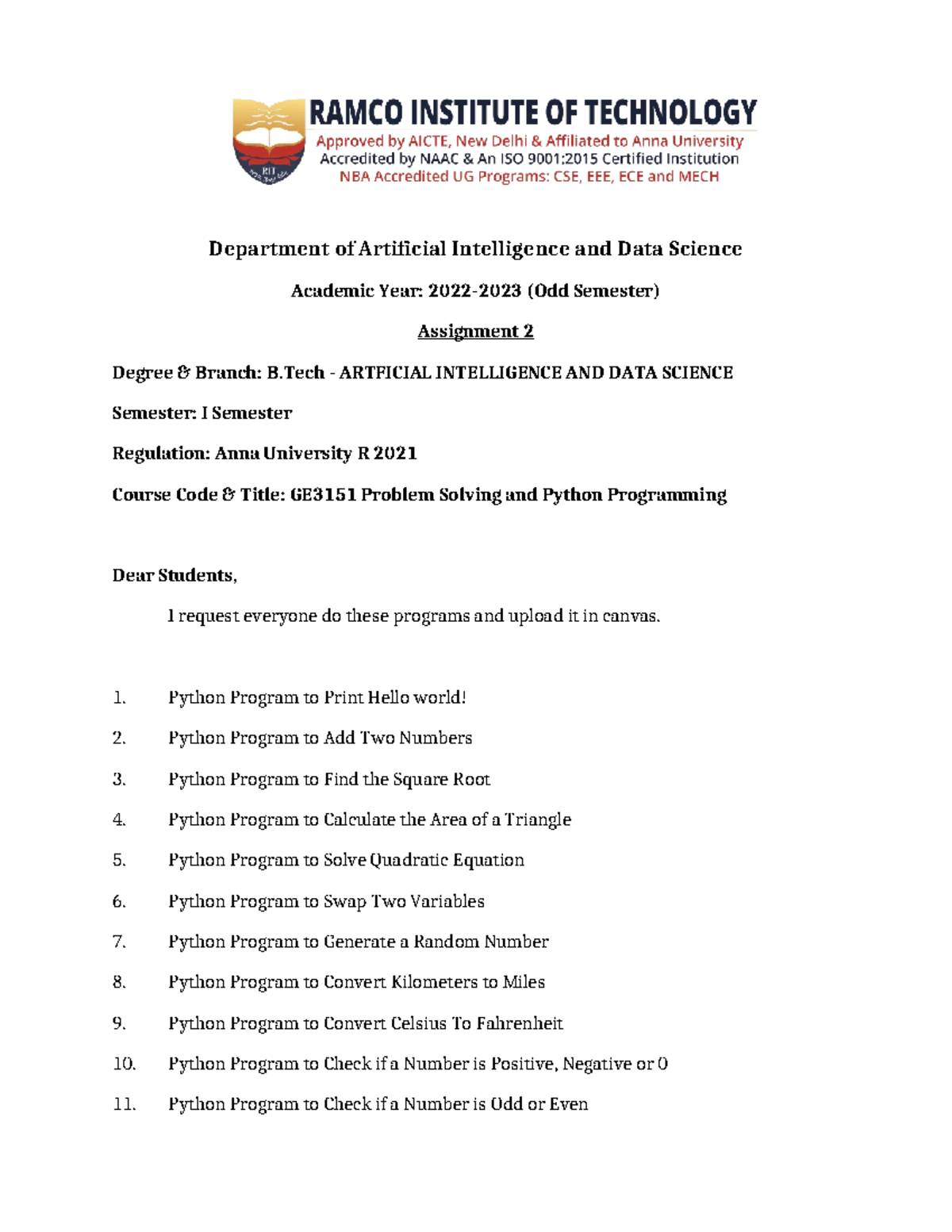 Basic Python Programs - Department of Artificial Intelligence and Data ...