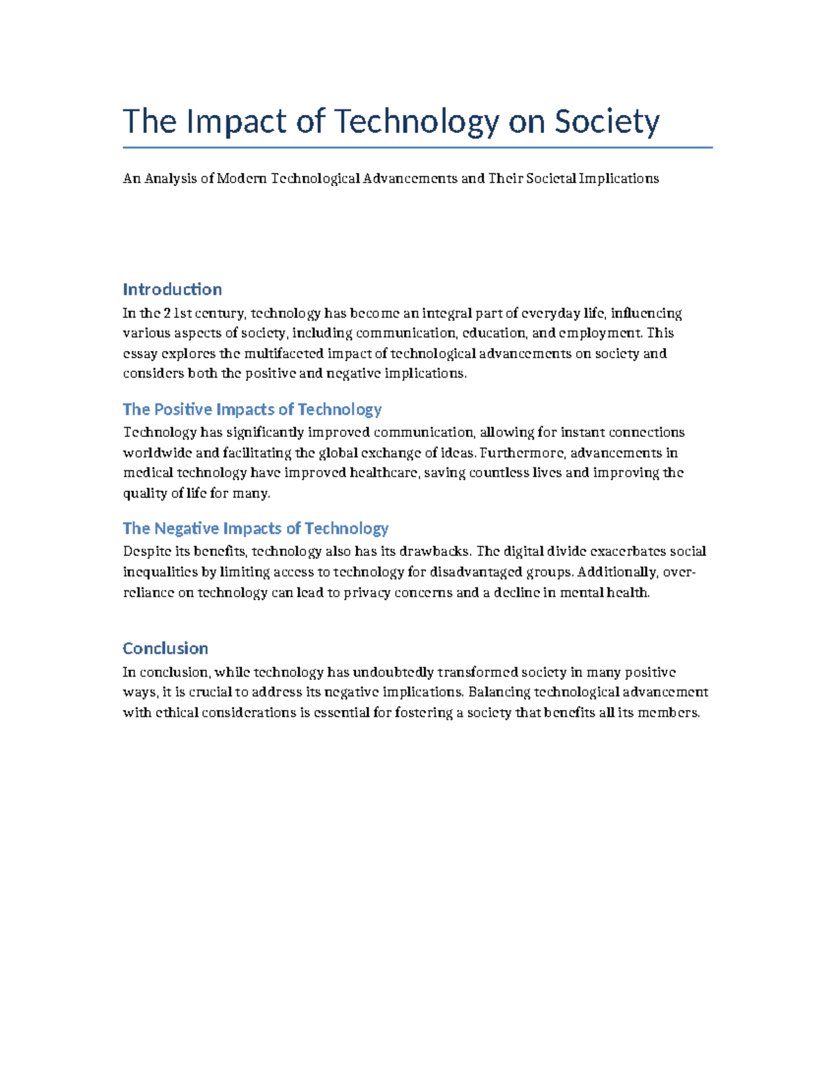 English Essay - asdf - The Impact of Technology on Society An Analysis ...