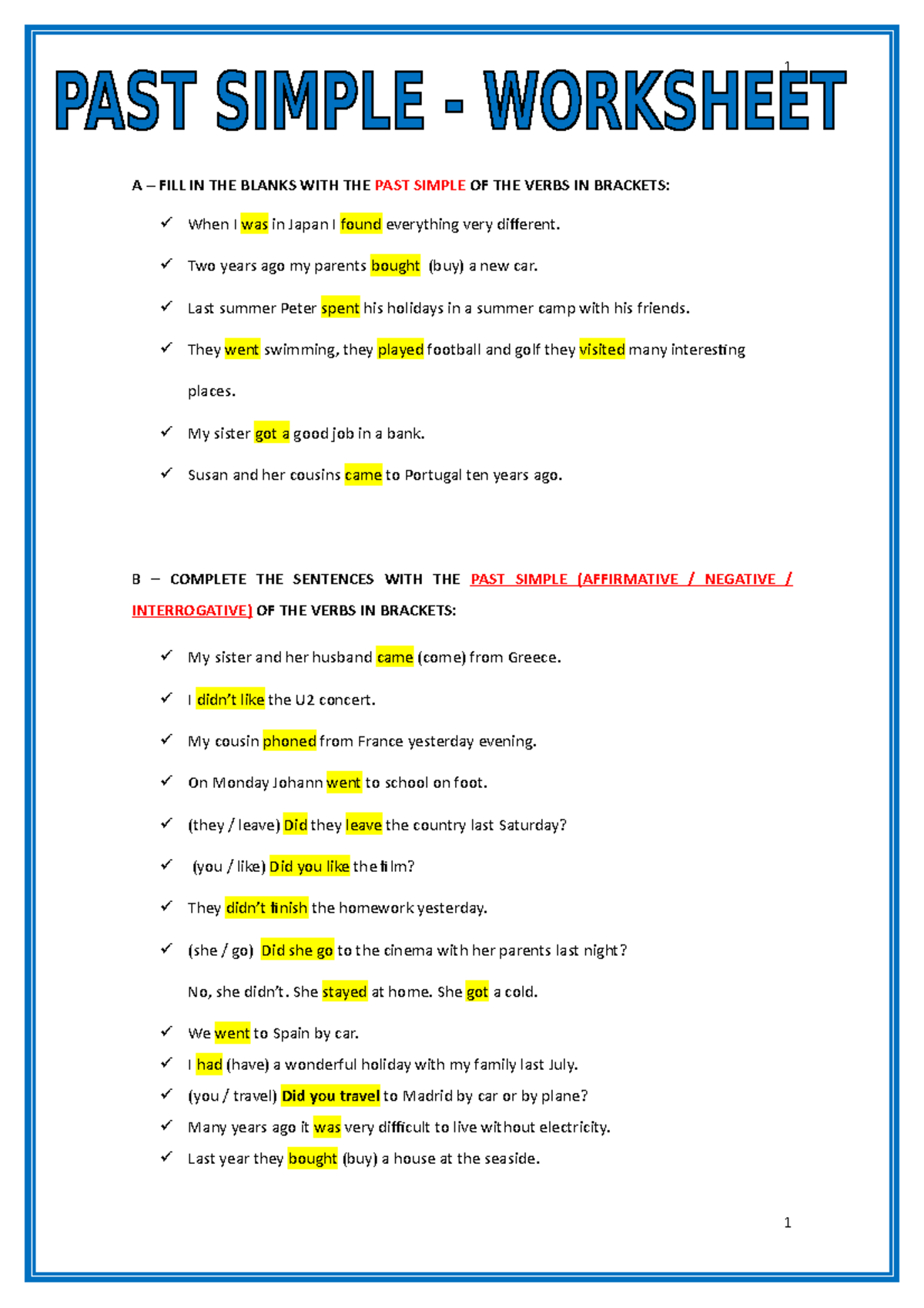 Simple Past Tense Fill In The Blanks With Answers