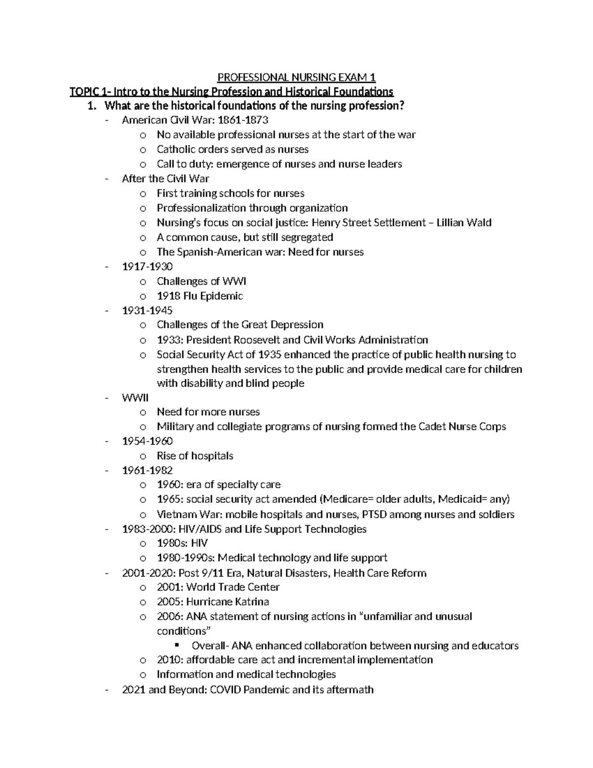 Professional Nursing SG EXAM 1 PROFESSIONAL NURSING EXAM 1 TOPIC 1