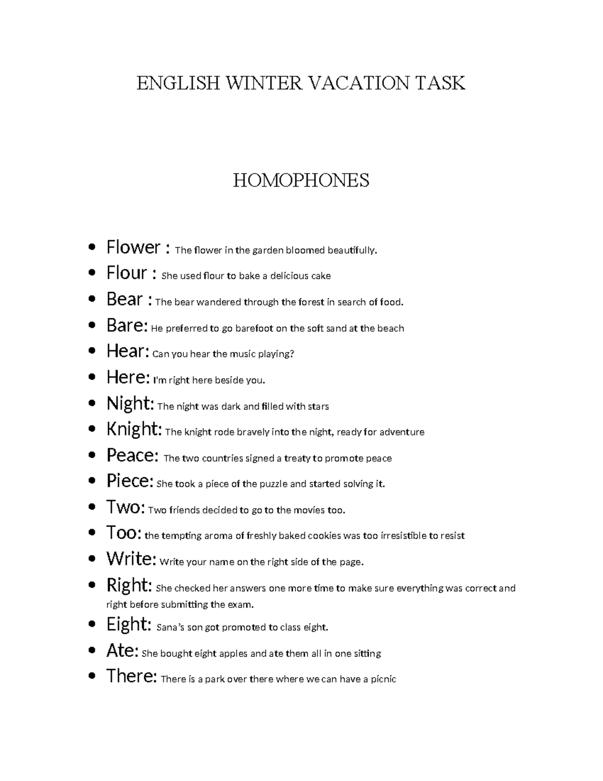 homophoneshhhhhh ENGLISH WINTER VACATION TASK HOMOPHONES Flower The