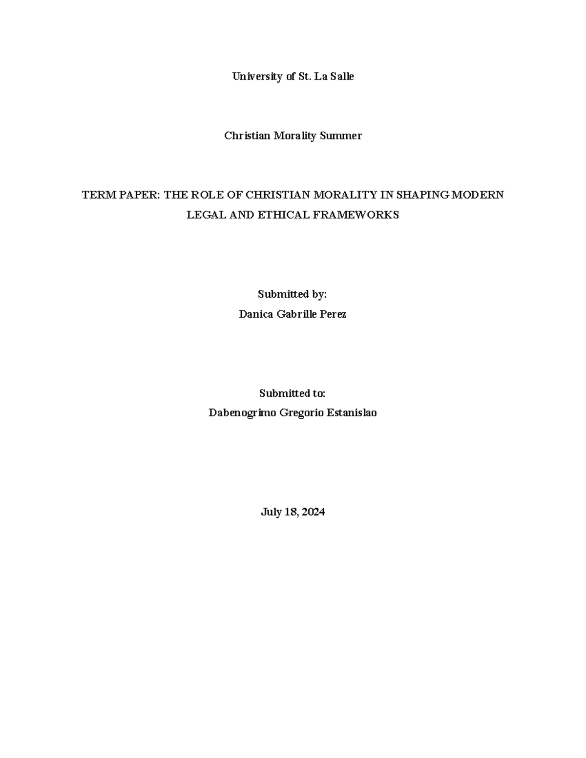 IRS2- end term paper - University of St. La Salle Christian Morality ...