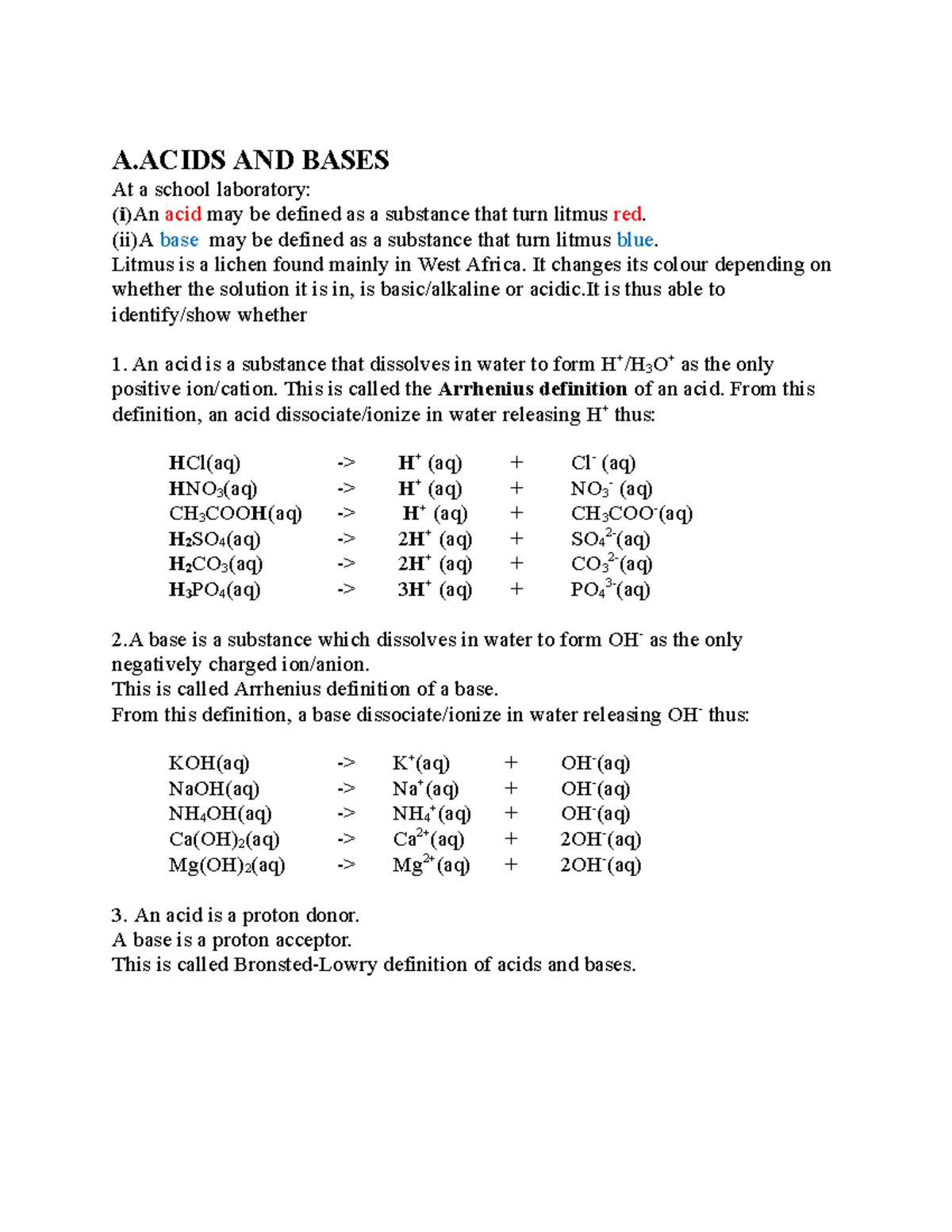 Chemistry notes part1 A AND BASES At a school laboratory (i)An acid