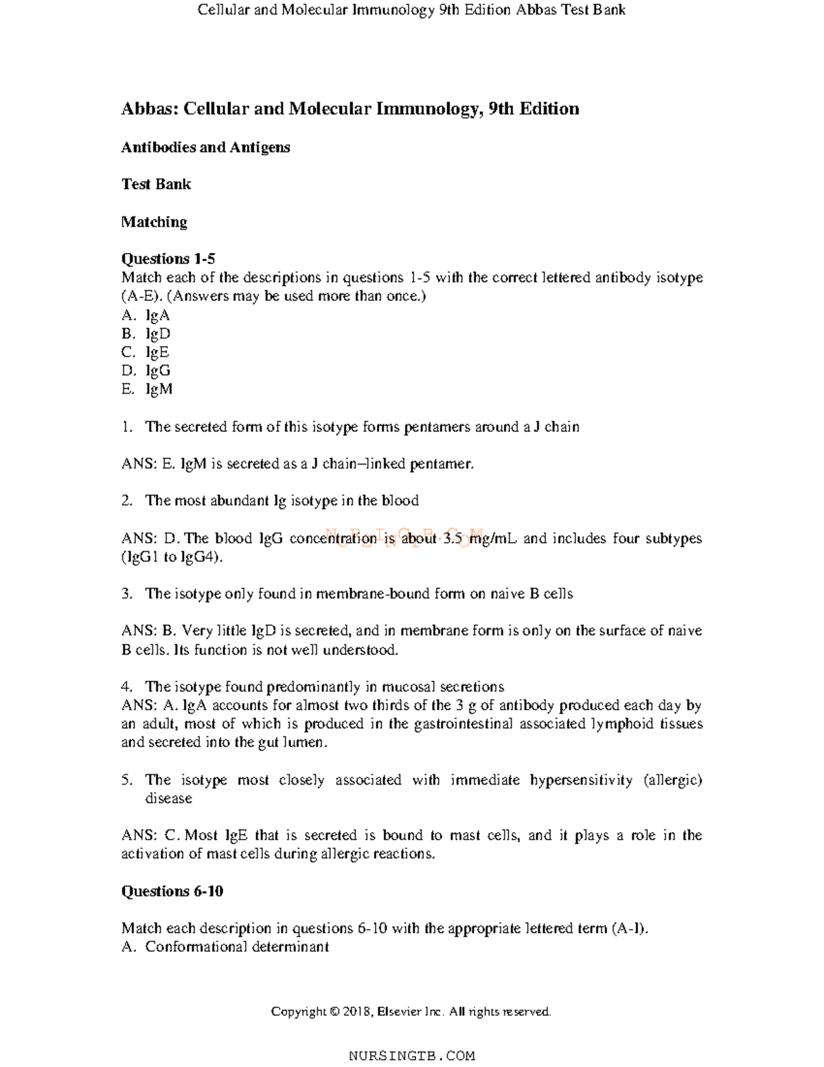 Tb chapter 5 - immunology test bank - NURSINGTB Copyright © 2018 ...
