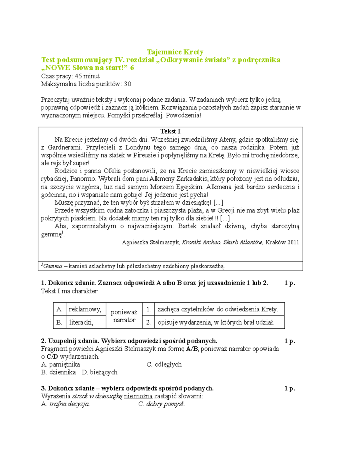 Dział 4 - Tajemnice Krety Test podsumowujący IV. rozdział „Odkrywanie