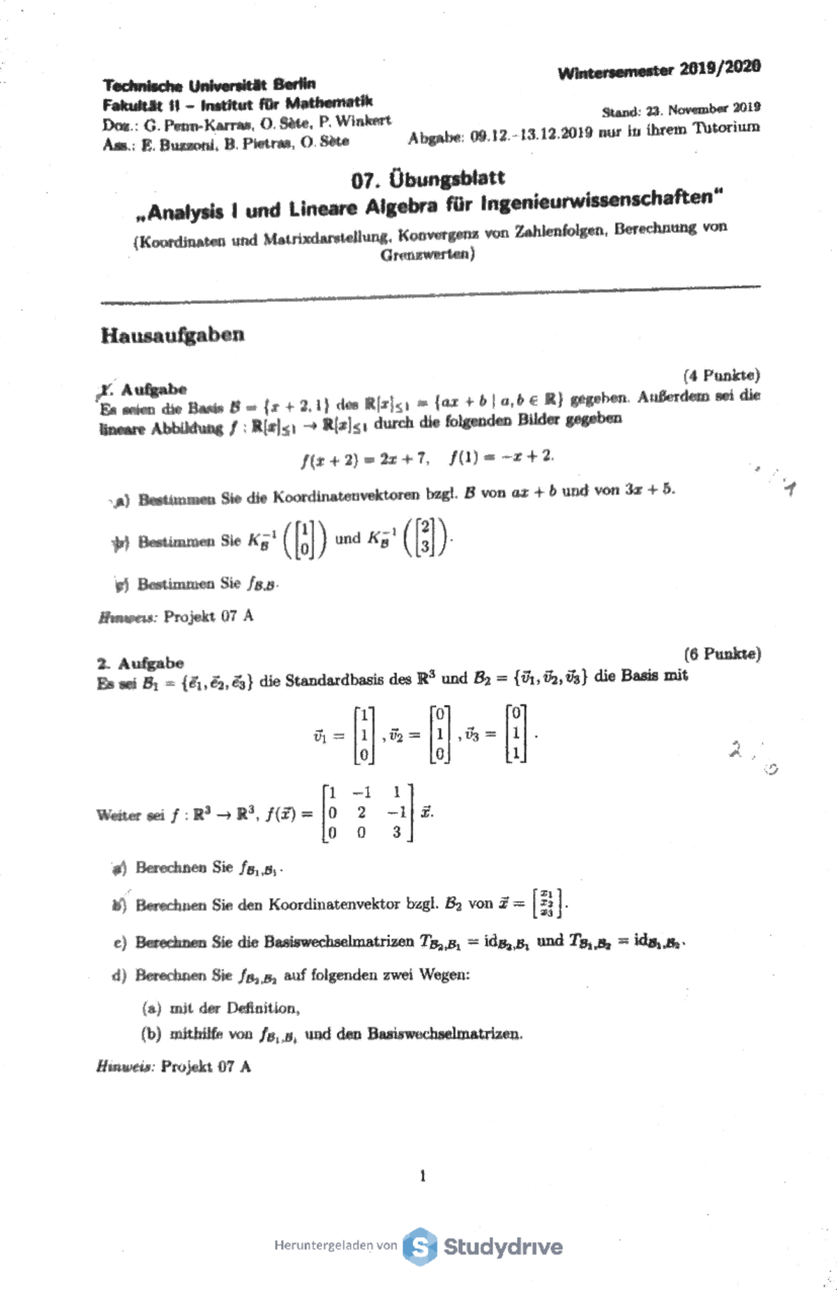 Analysis I Und Lineare Algebra Für Ingenieurwissenschaften Ana Lin A-HA07 - Homework - Analysis I und Lineare Algebra für