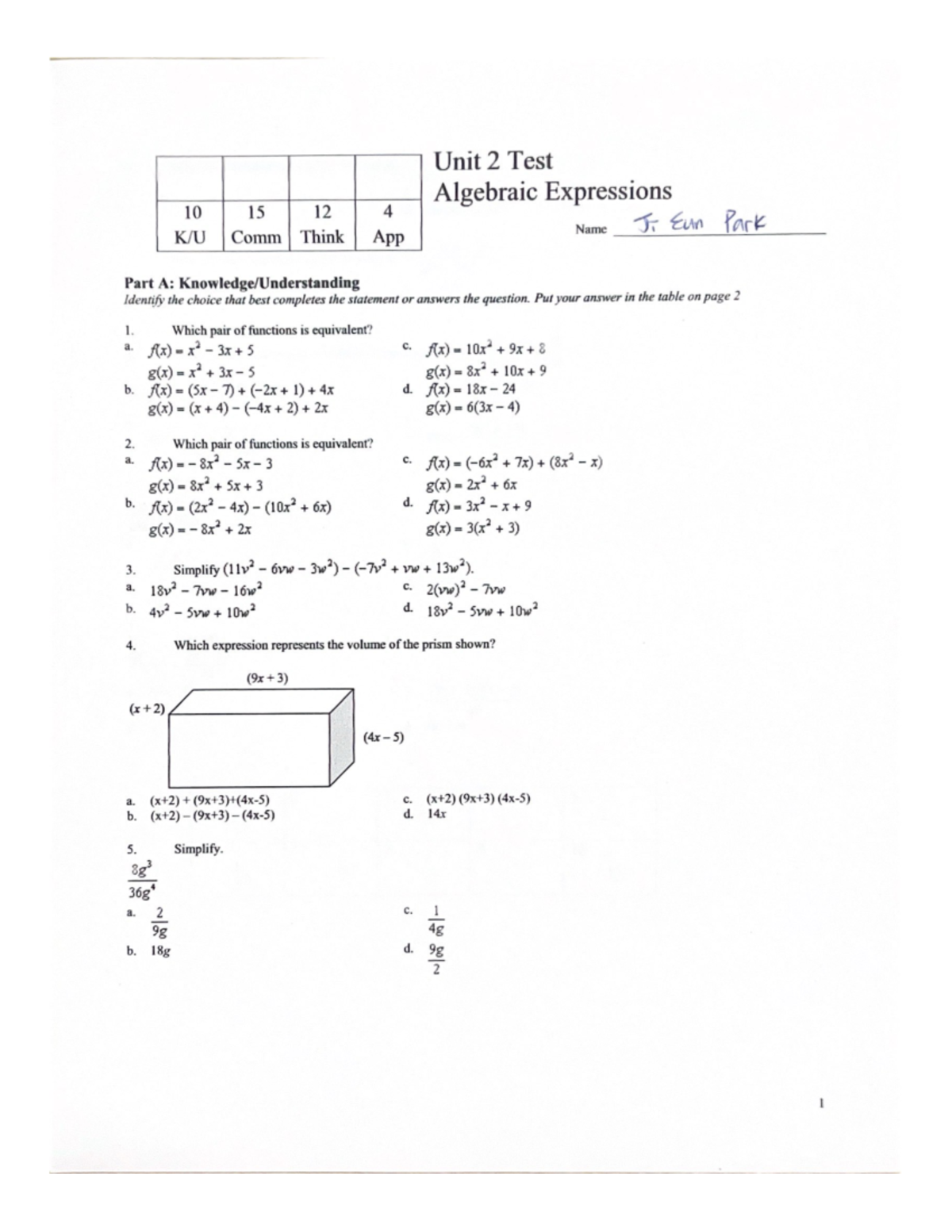 MCF4U Unit 2 Test - Unit 2 Test - Unit 2 Test Algebraic Expressions 10 ...