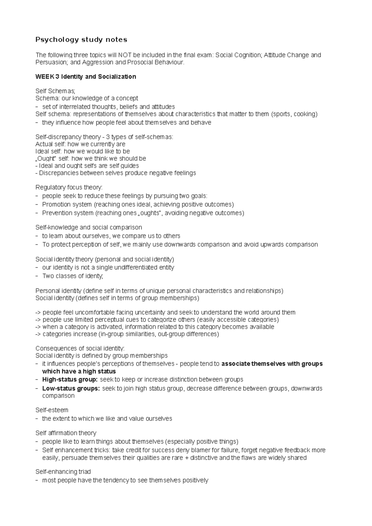 Psychology all weeks summary - Psychology study notes The following ...