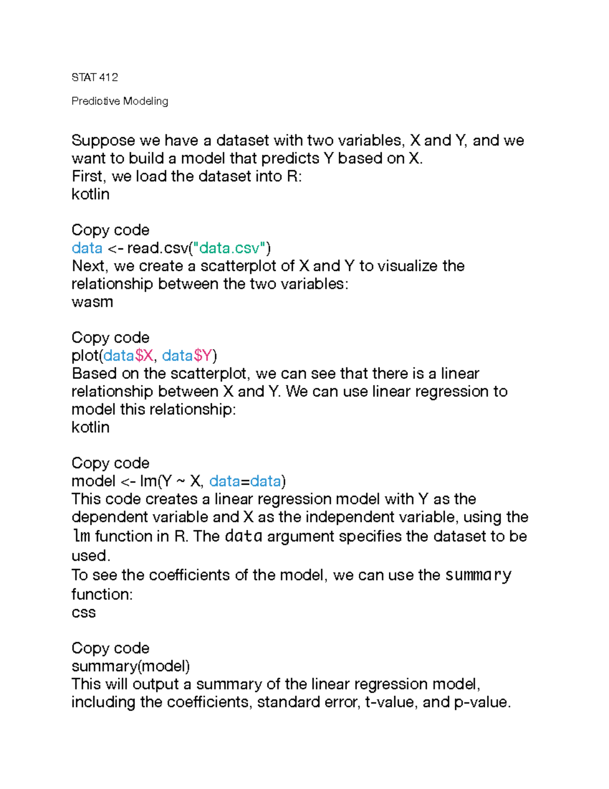 412 Predictive Modeling - STAT 412 Predictive Modeling Suppose we have ...