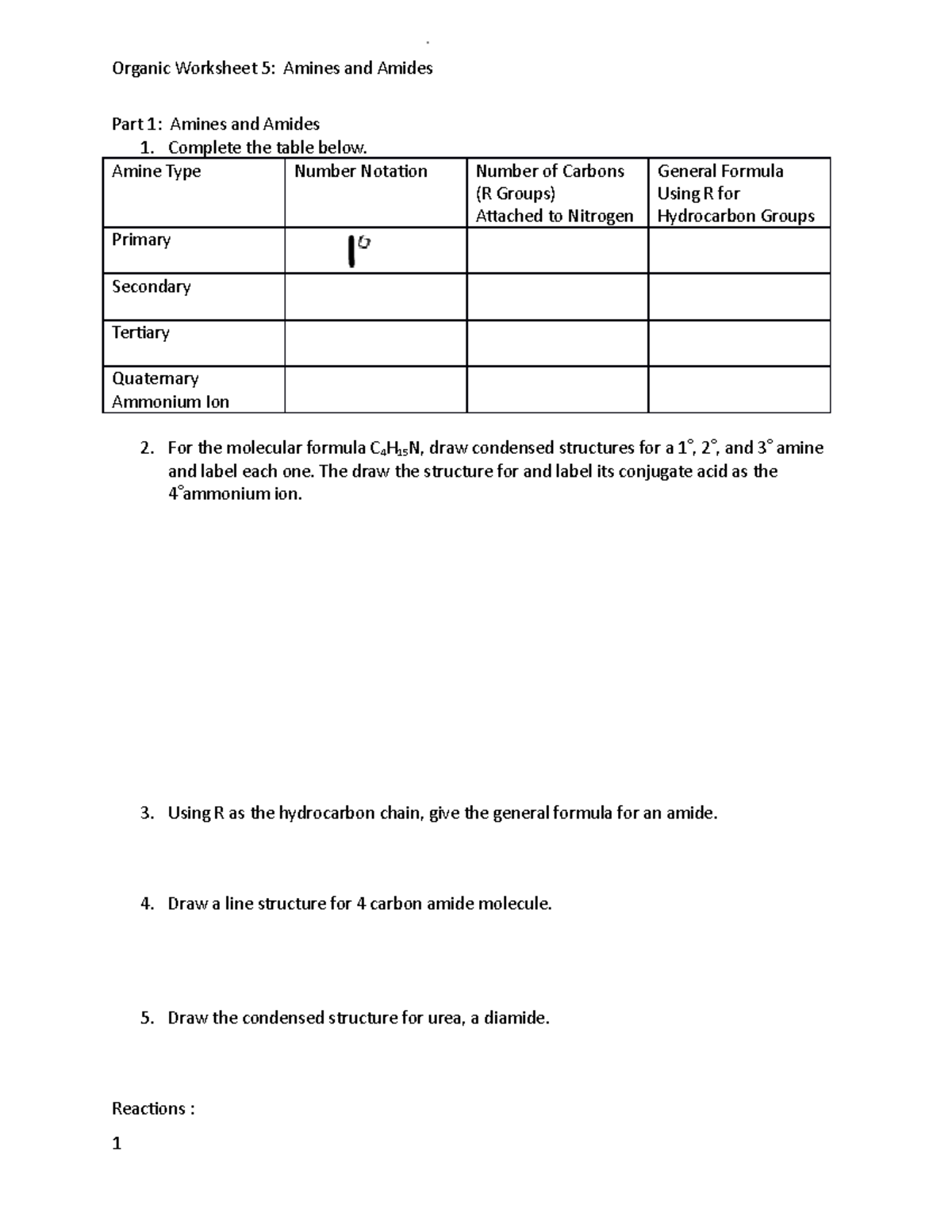 Organic Worksheet 5 Amines and Amides - Organic Worksheet 5: Amines and ...