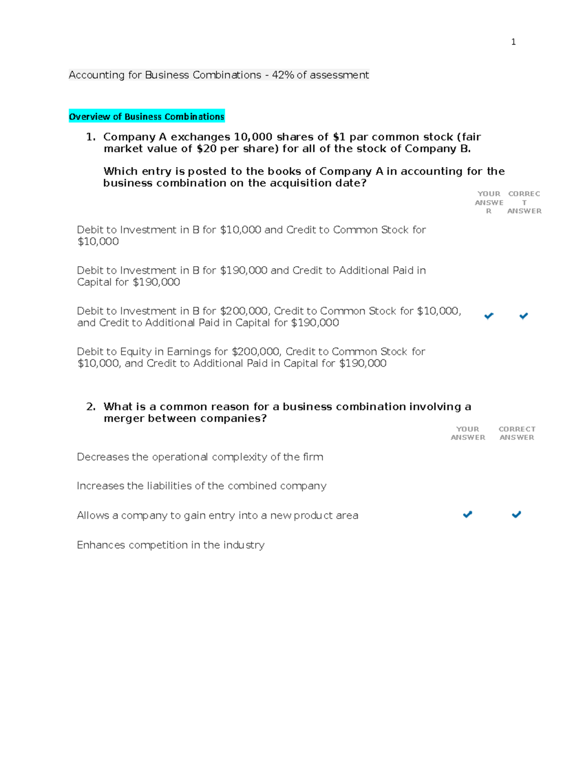 C243 Preassessment.Answer Key Accounting for Business Combinations