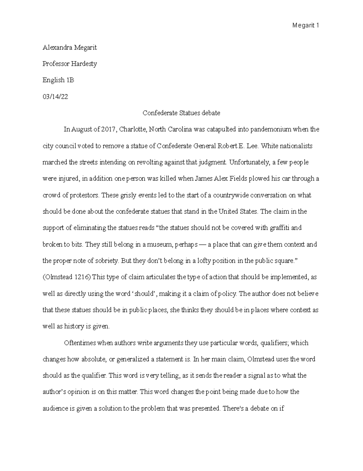 English Essay 2 Confederate statues debate Alexandra Megarit