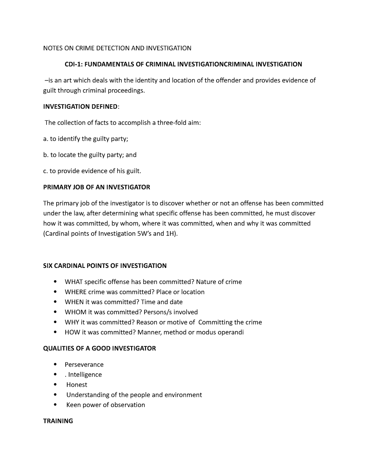 cdi-1-fundamentals-of-criminal-investigation-notes-on-crime-detection