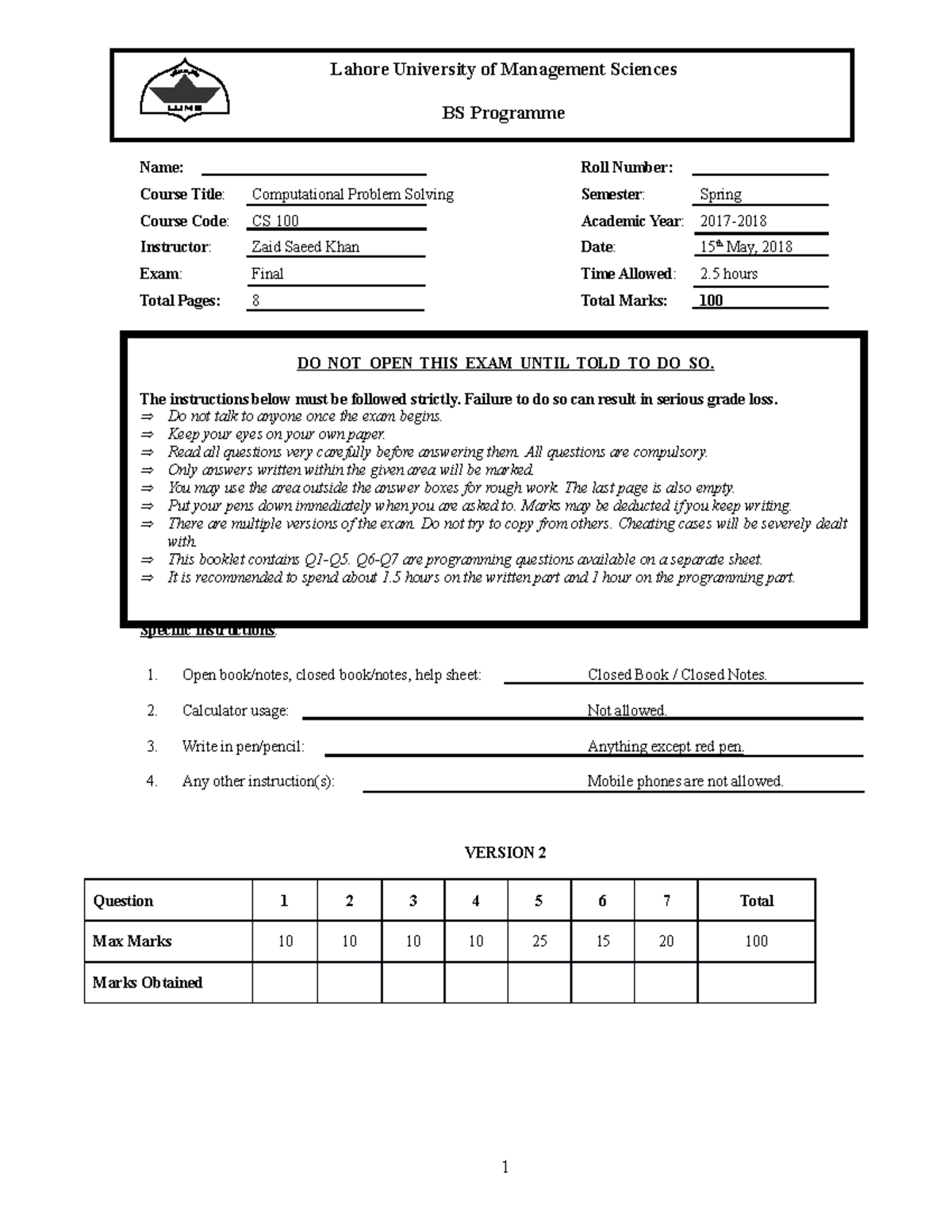 CS+100+Spring+2018 +Final+V2+Solution - Lahore University of Management ...