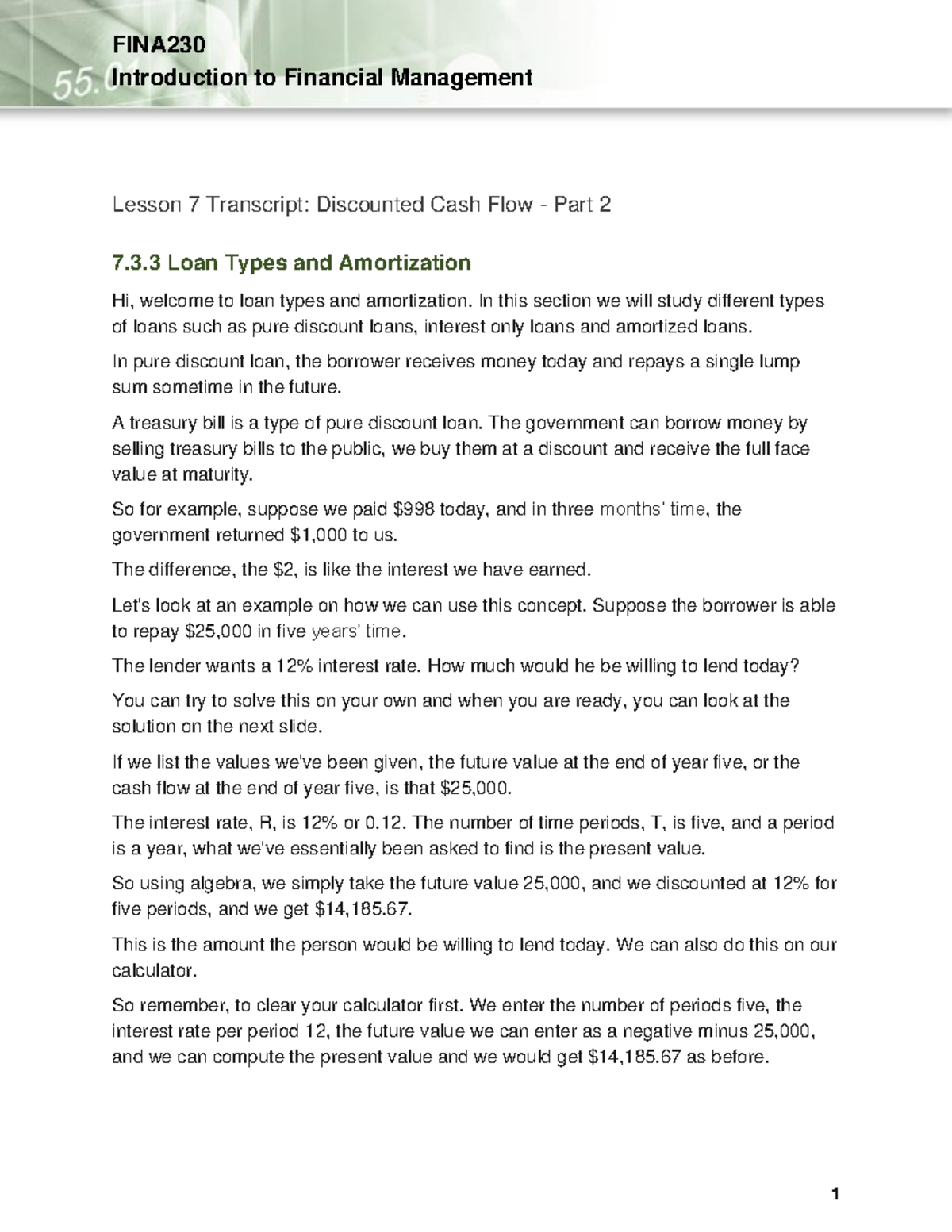 FINA230 Lesson 07 03 03 transcript - Introduction to Financial ...