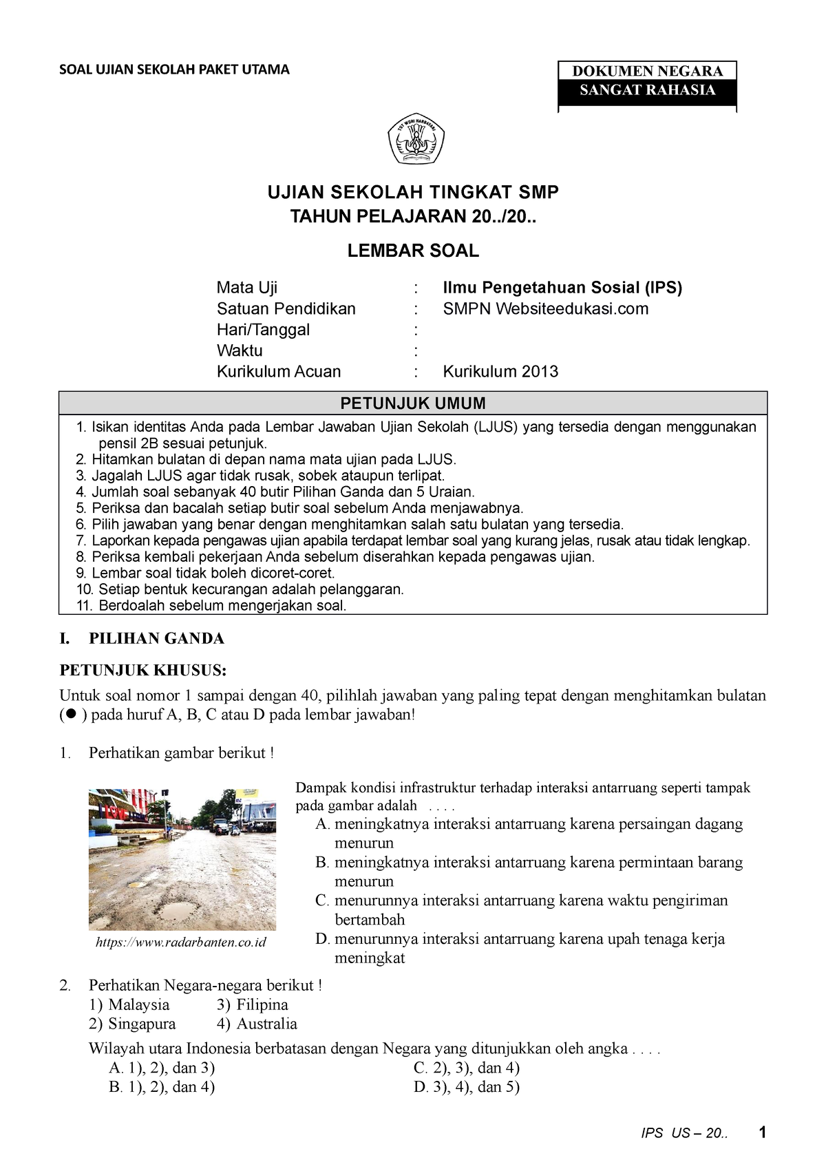 Soal US IPS SMP K13 (Websiteedukasi - SOAL UJIAN SEKOLAH PAKET UTAMA ...