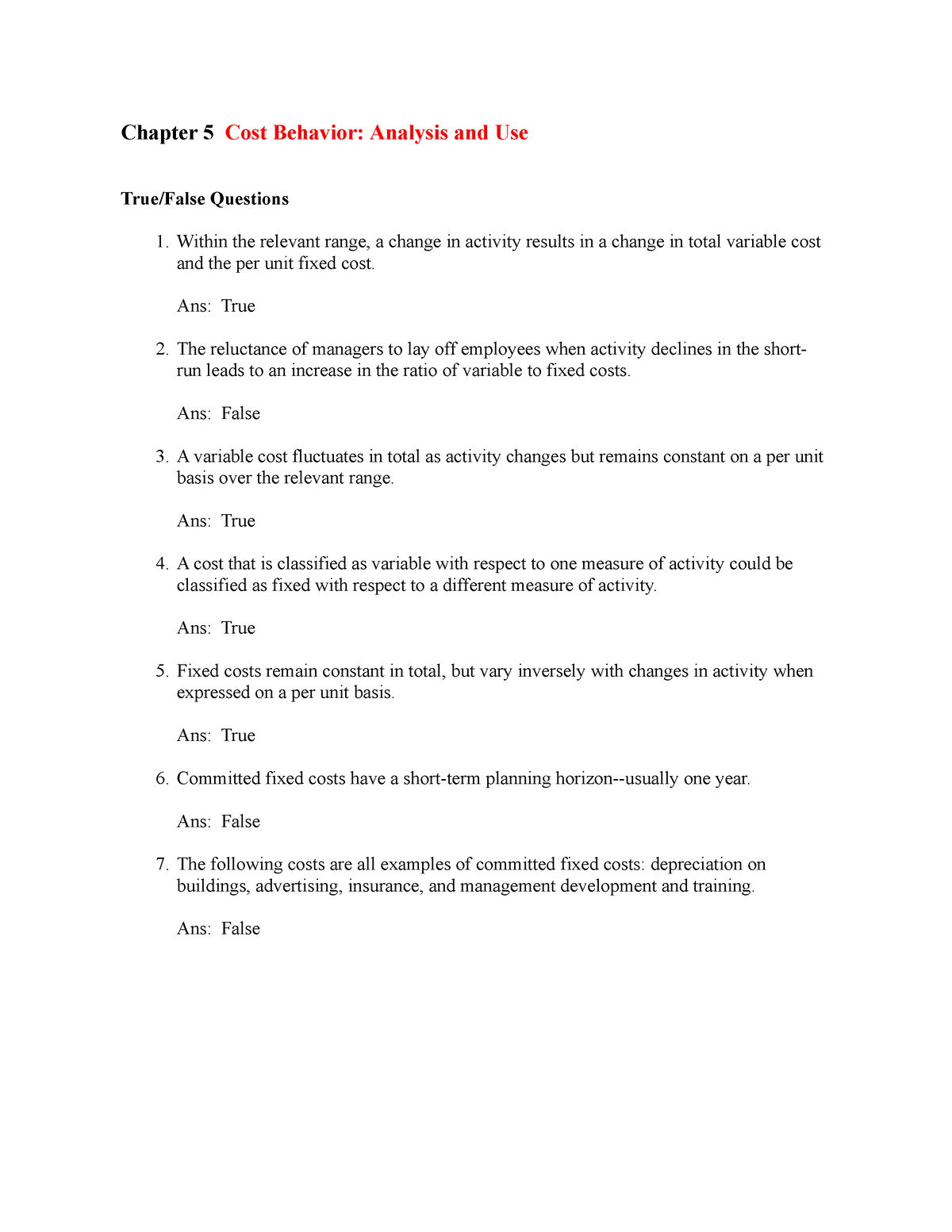 Chapter 5 Cost Behavior - Chapter 5 Cost Behavior: Analysis And Use ...