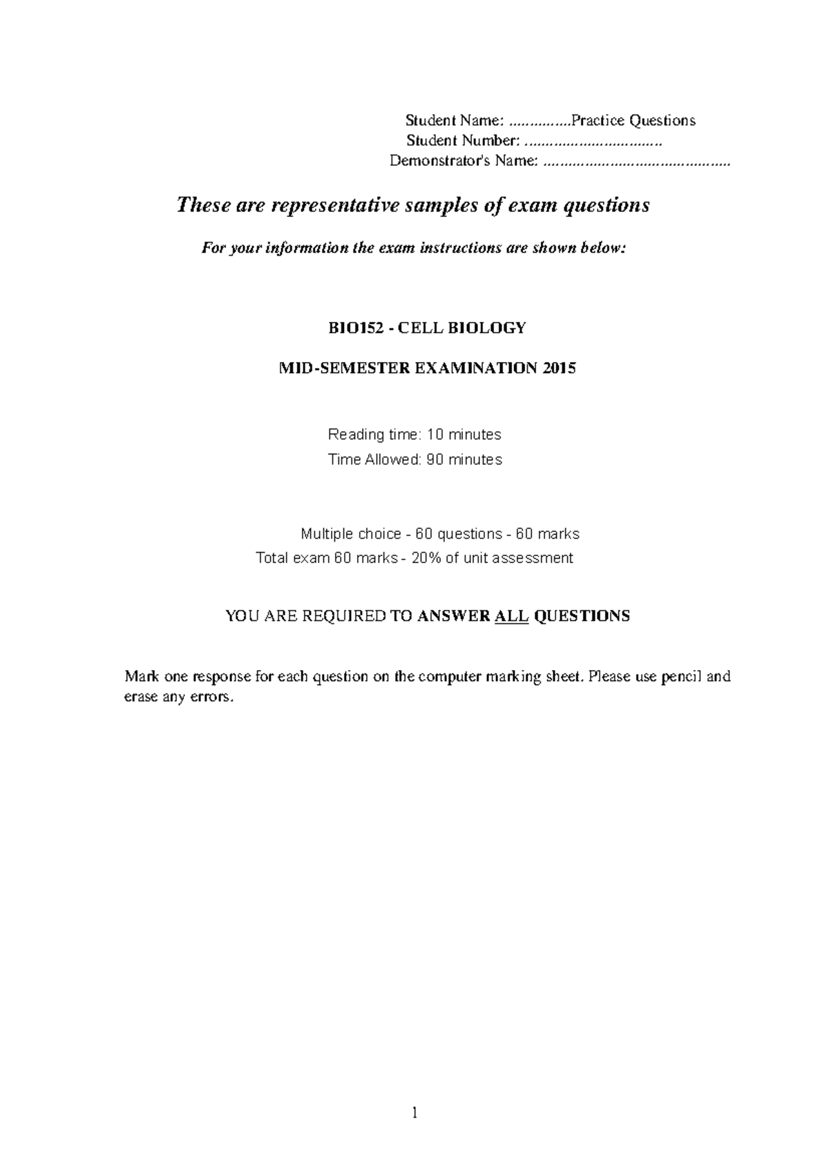 Sample/practice exam 6 September 2015, questions - Student Name ...