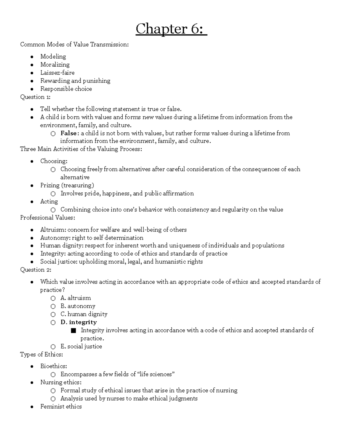 Chapter 6Nursing Concepts 1 Chapter 6 Common Modes of Value