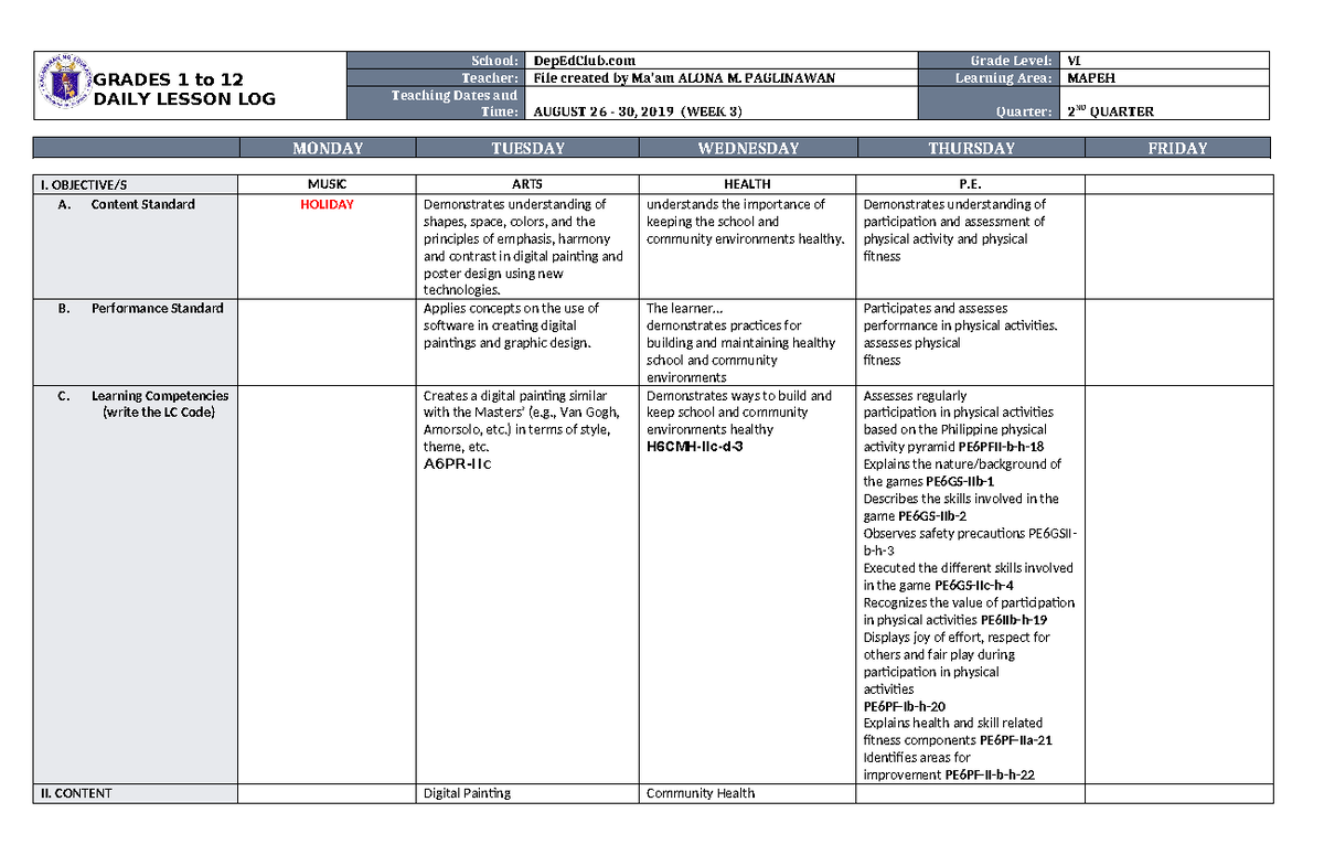 DLL Mapeh 6 Q2 W3 - DLL - GRADES 1 to 12 DAILY LESSON LOG School ...