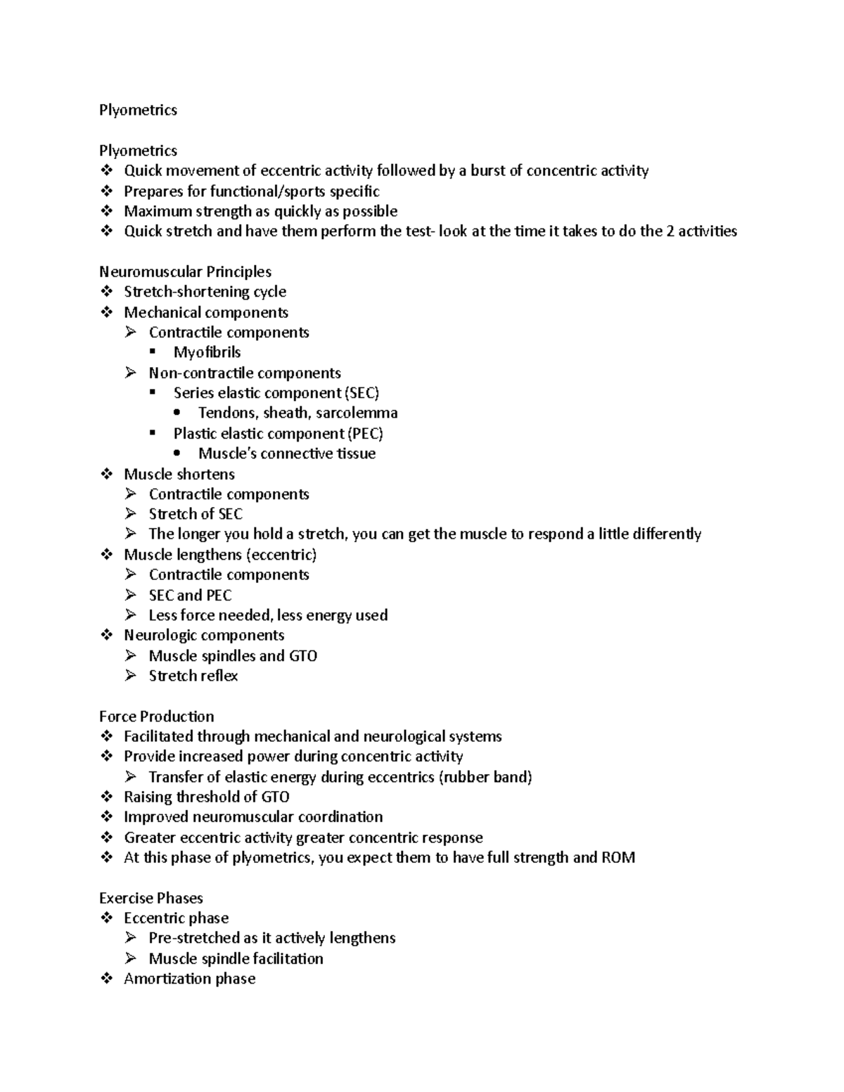 Plyometrics - Lecture notes 8 - Plyometrics Plyometrics Quick movement ...