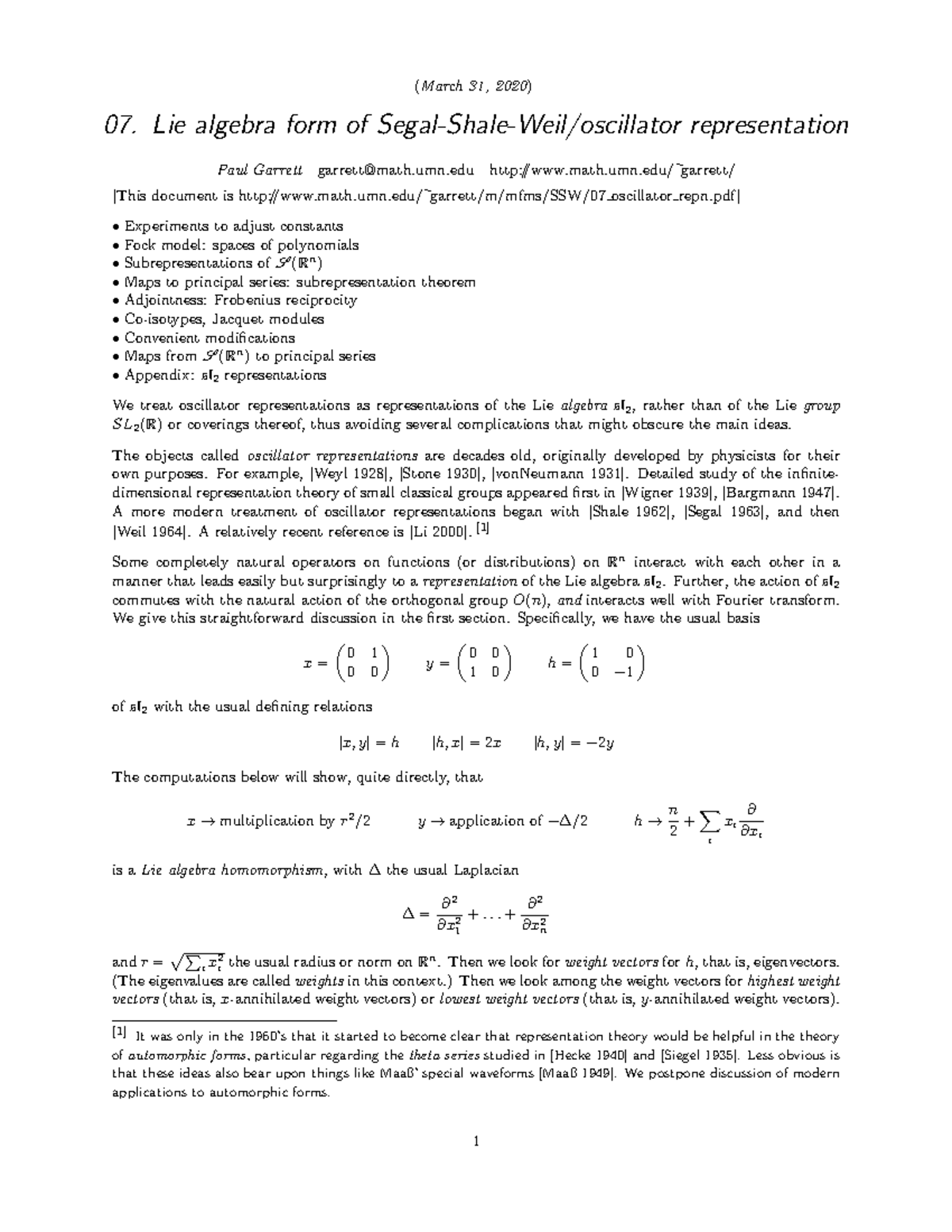 07 oscillator repn class notes (March 31, 2020) 07. Lie algebra
