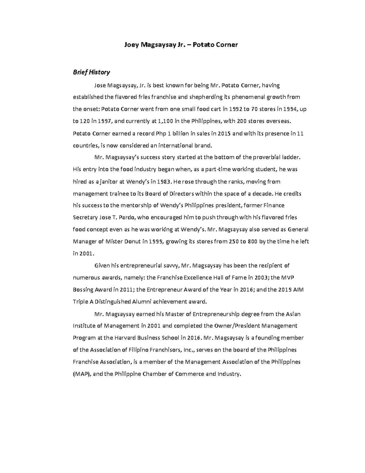 Entrepreneurial Mind practice materials Joey Magsaysay Jr. Potato