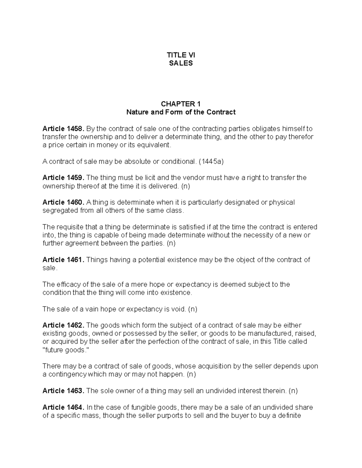 Civil code law on sales agency and credit transactions title vi 