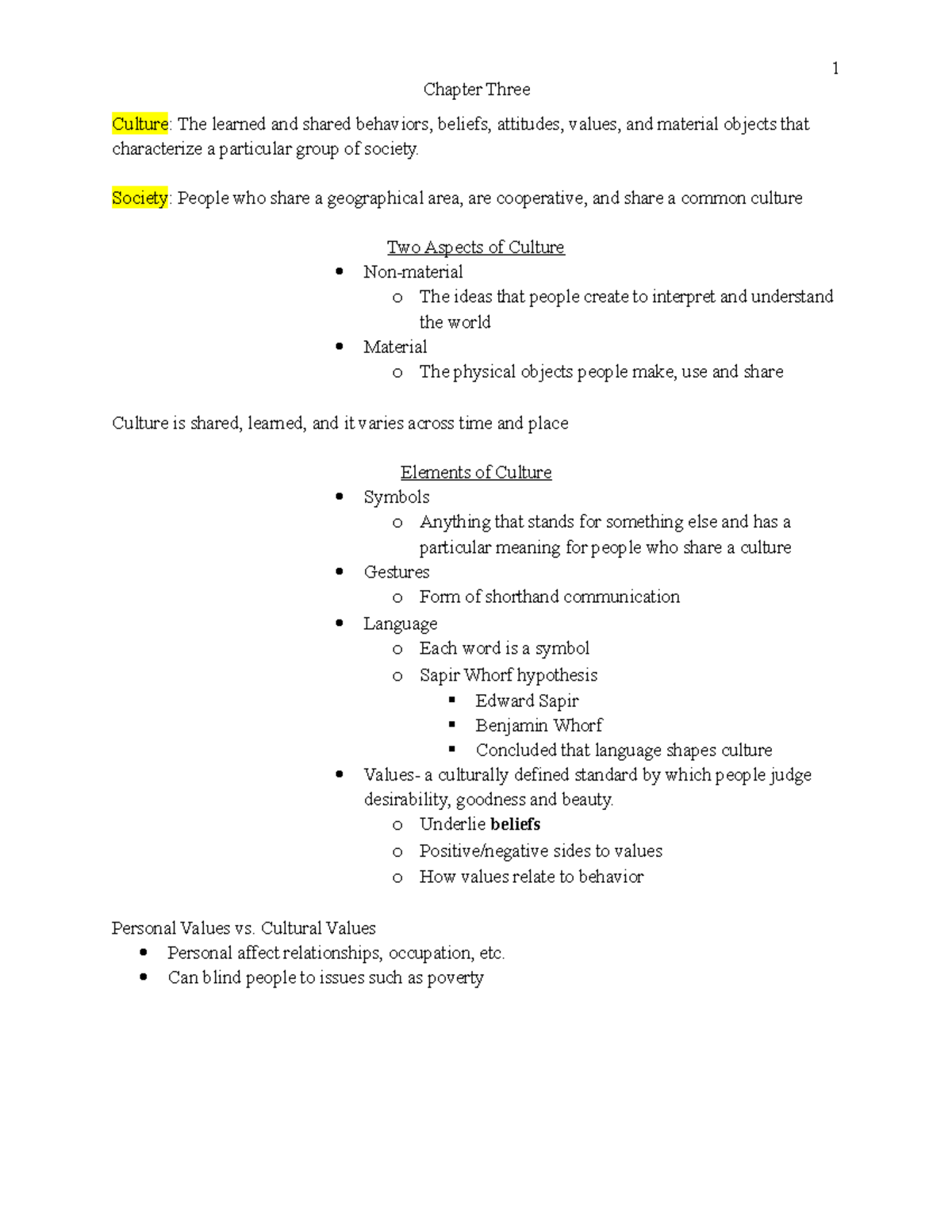 Chapter Three Notes - Prof. Lori Deconinck - 1 Chapter Three Culture ...
