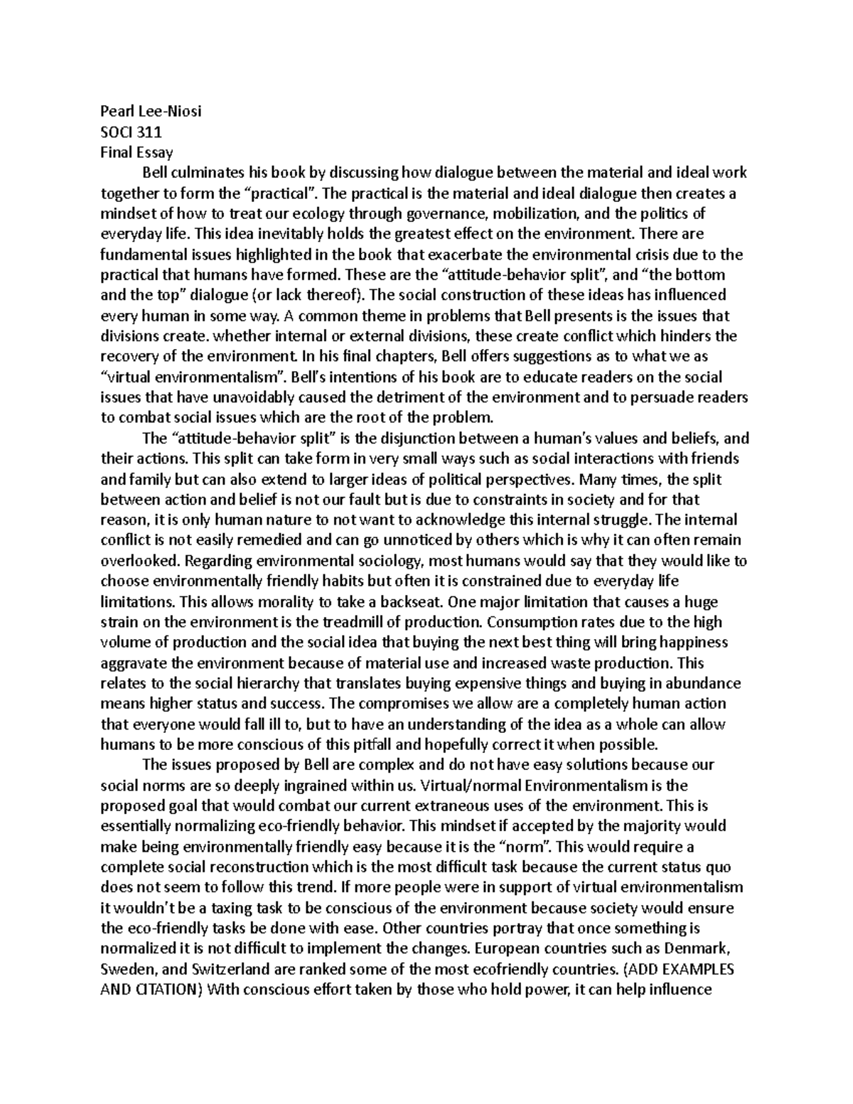 Final Reflective Essay SOCI - Pearl Lee-Niosi SOCI 311 Final Essay Bell ...