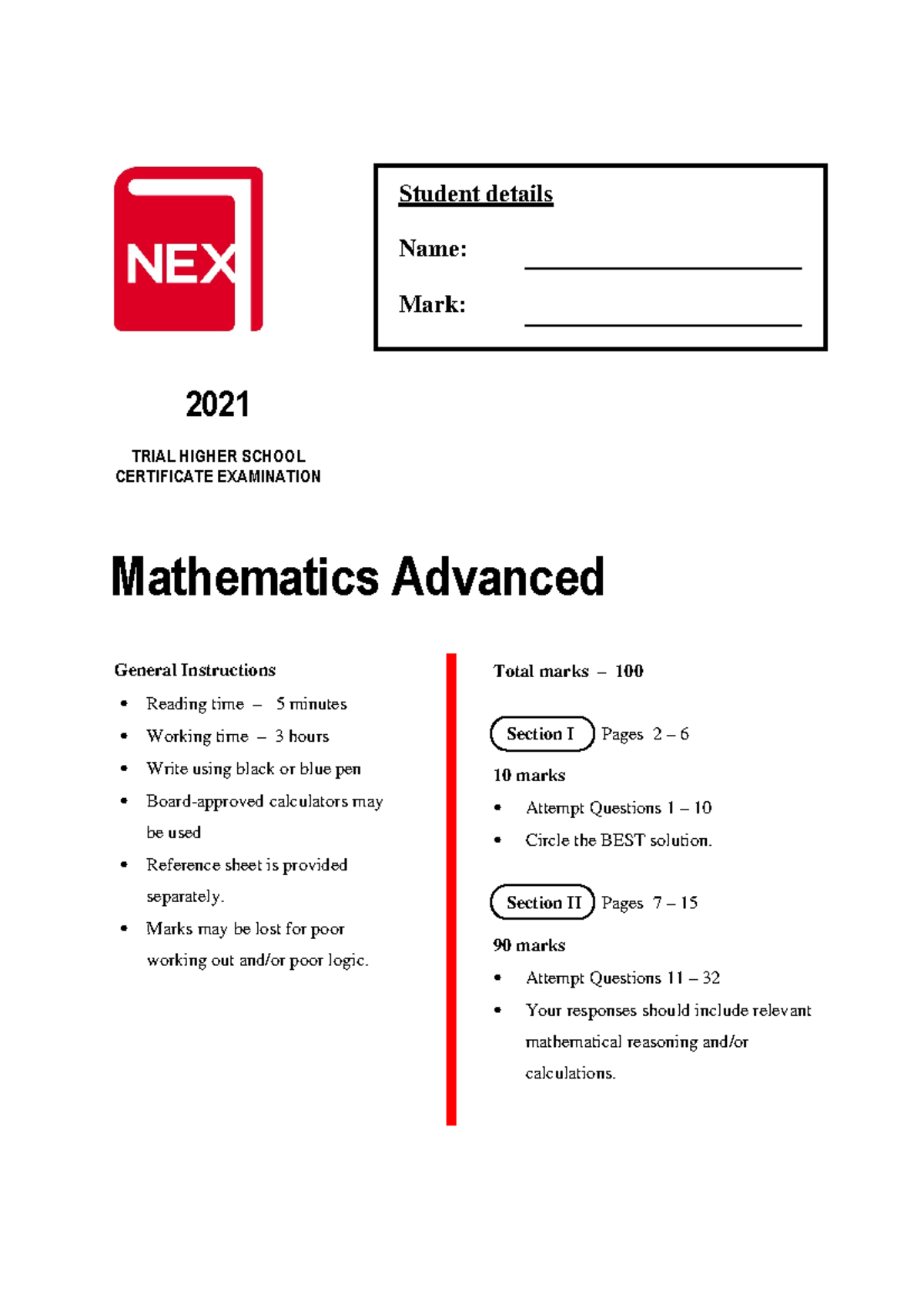 Next Education 2021 maths advanced trial paper - Mathematics Advanced ...