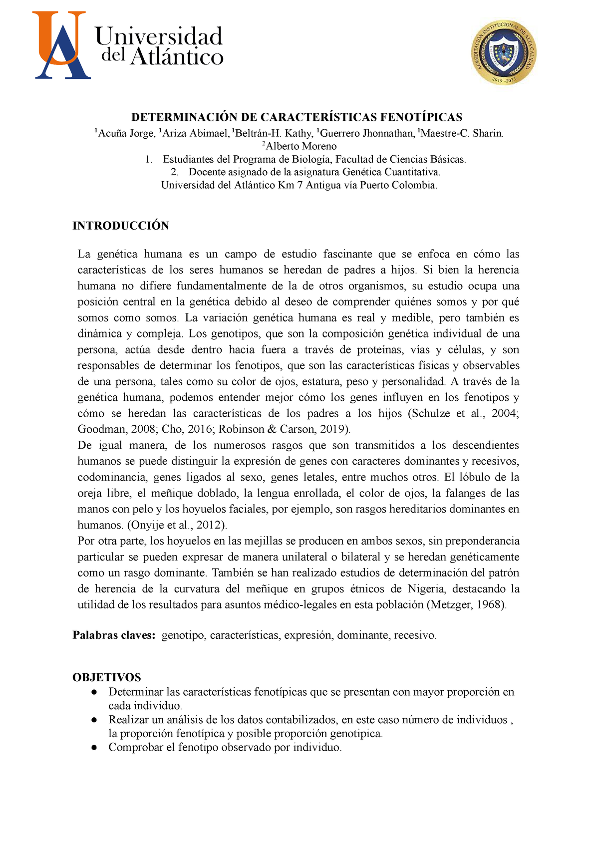 Determinacion DE Caracteristicas Fenotipicas - DETERMINACIÓN DE ...