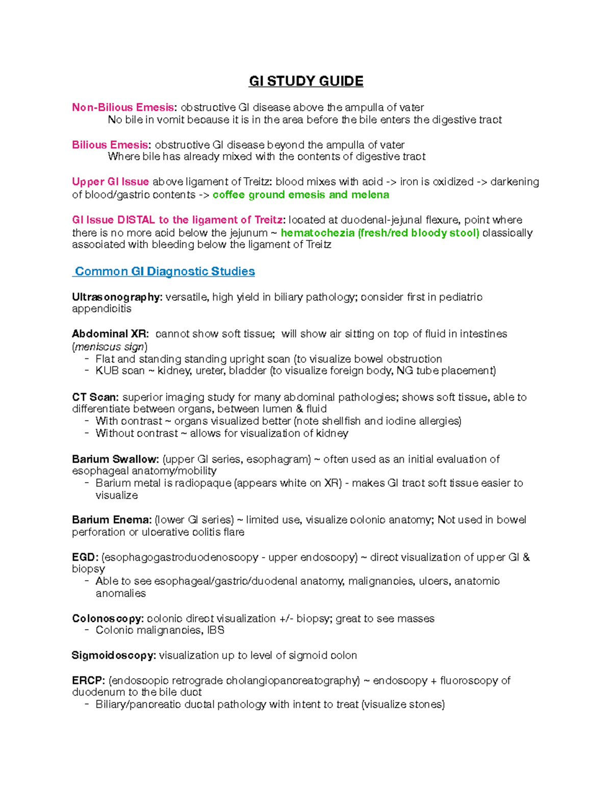 GI Review GI STUDY GUIDE NonBilious Emesis obstructive GI disease