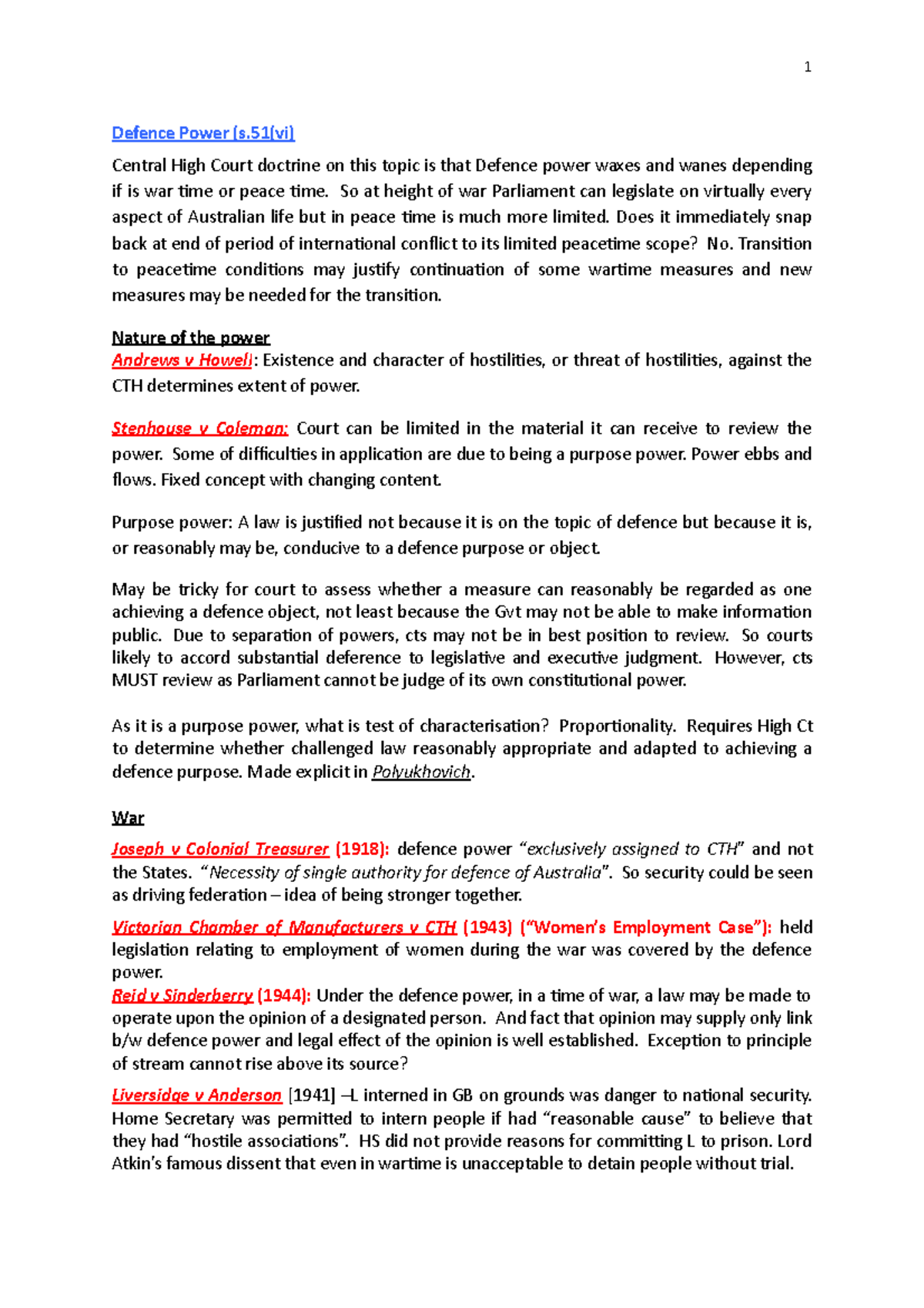 Defence Power note - Defence Power (s(vi) Central High Court doctrine ...