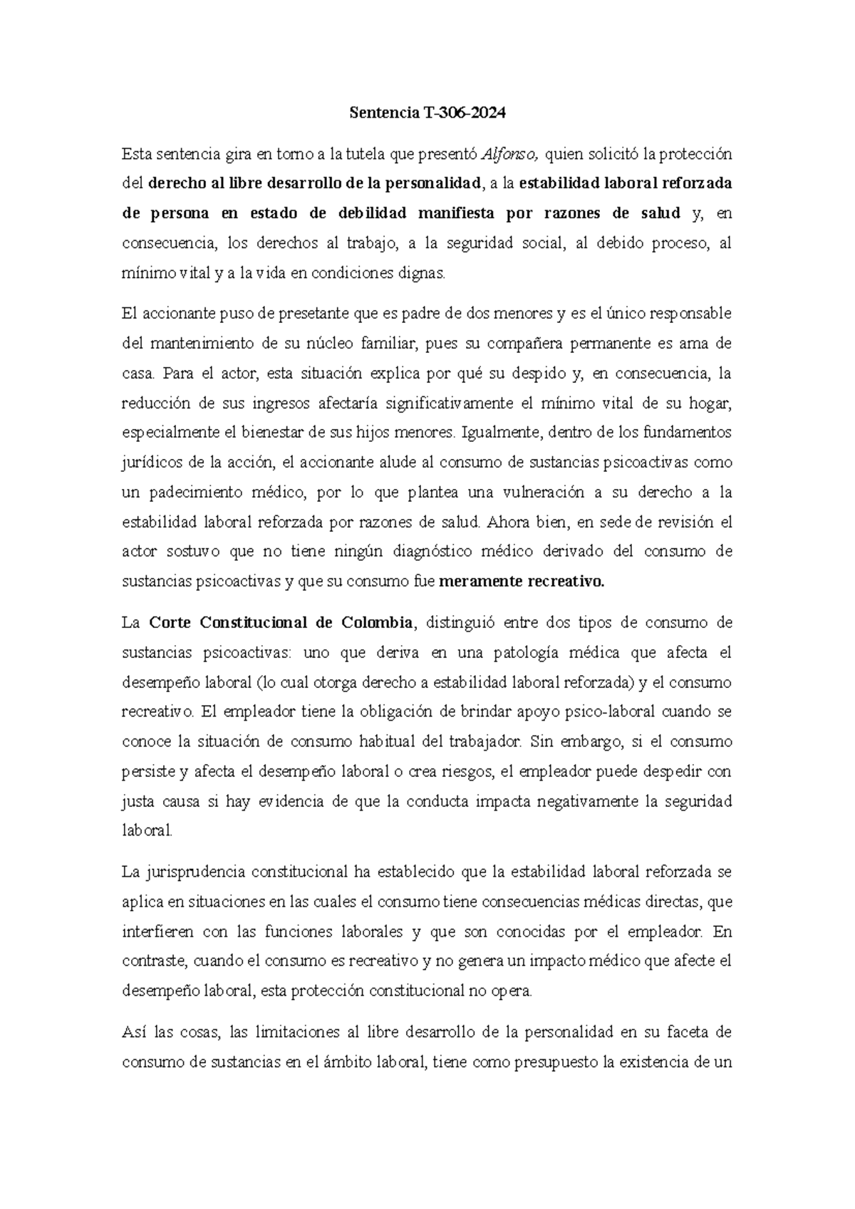 Resumen sentencia T-306 2024 - Sentencia T-306- Esta sentencia gira en