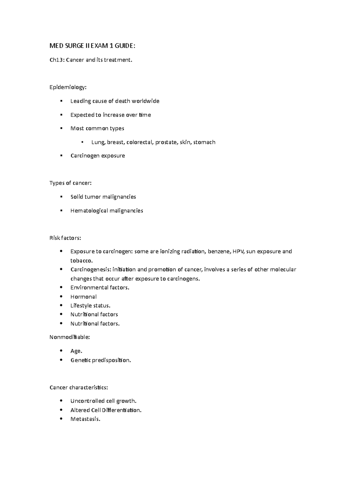 MED Surge II EXAM 1 Guide - MED SURGE II EXAM 1 GUIDE: Ch13: Cancer and ...