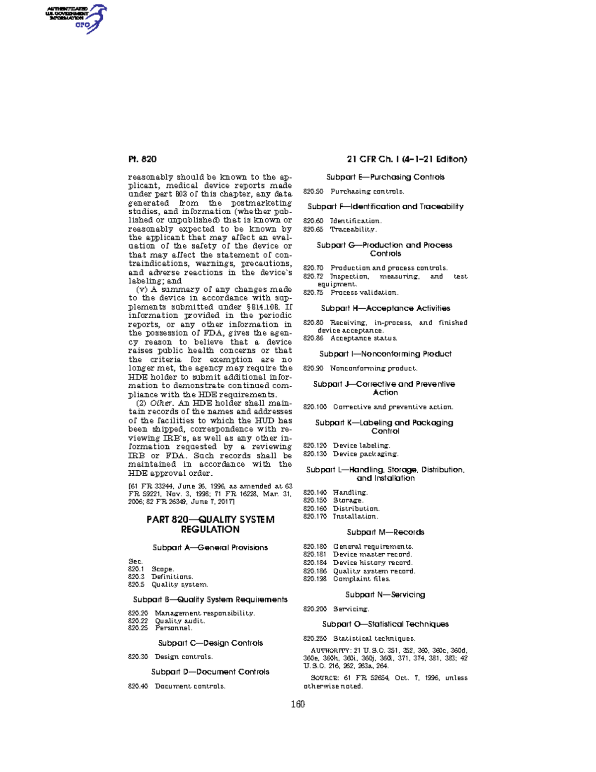 CFR-2021-title 21-vol8-part820 - 160 Pt. 820 21 CFR Ch. I (4–1–21 ...