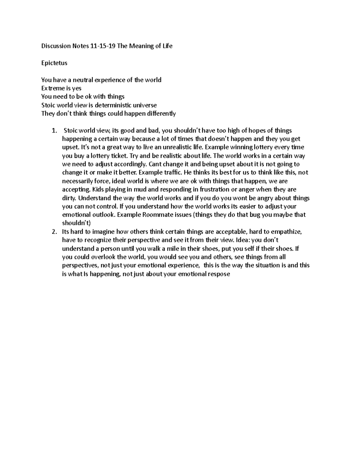 Discussion Notes 111519 The Meaning of Life Discussion Notes 1115