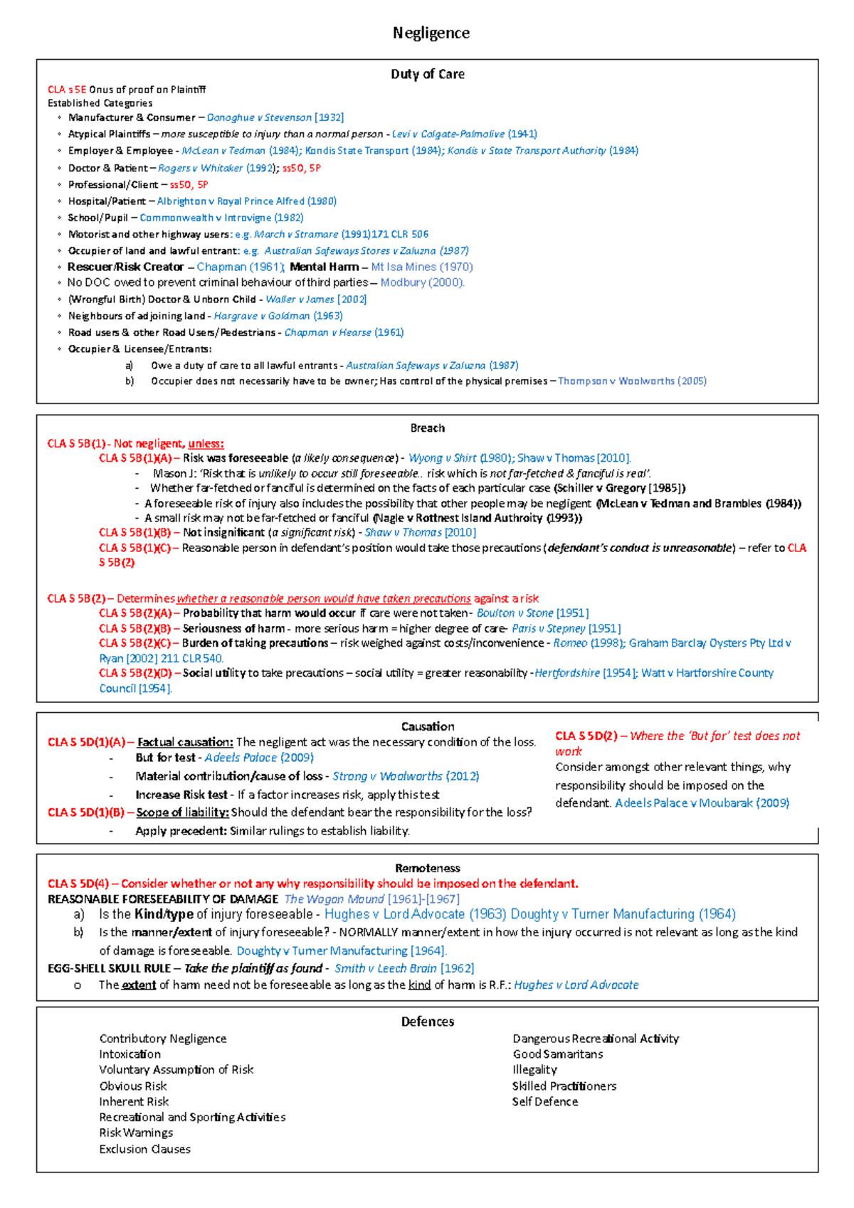 Negligence - torts template - Causation CLA S 5D(1)(A) – Factual ...