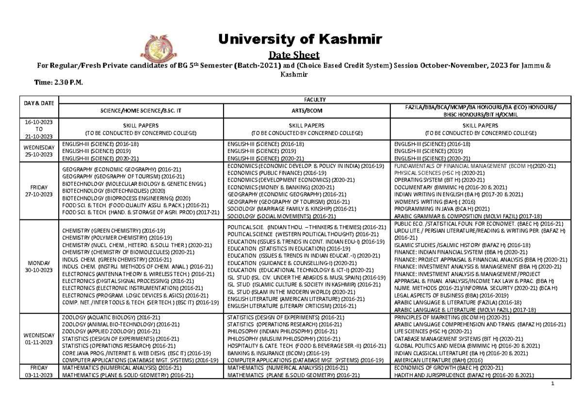 Date Sheet 5th Semester Regular (Batch 2021) Backlog (Batch 2016-20