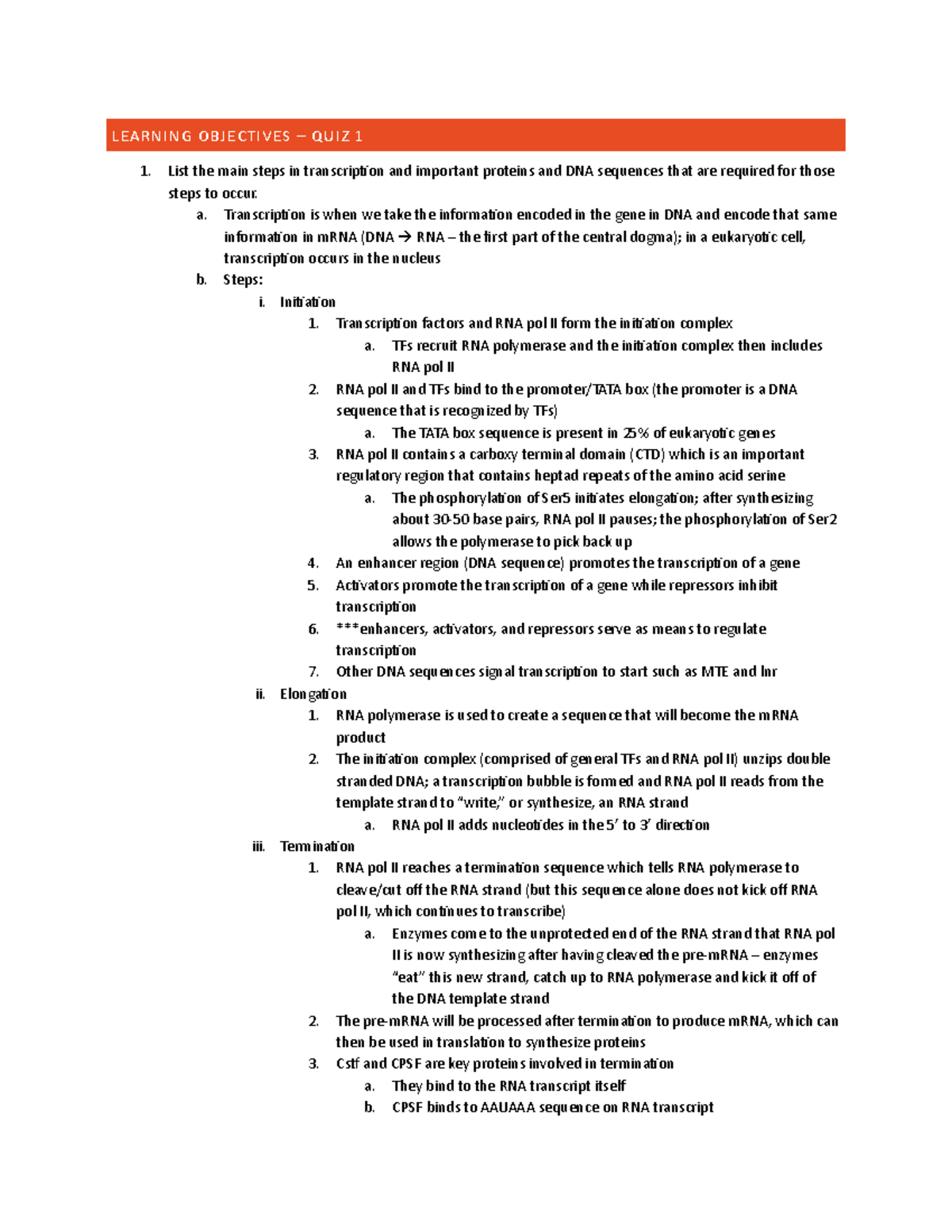 Quiz 1 Learning Objectives Molecular Biology LEARNING OBJECTIVES