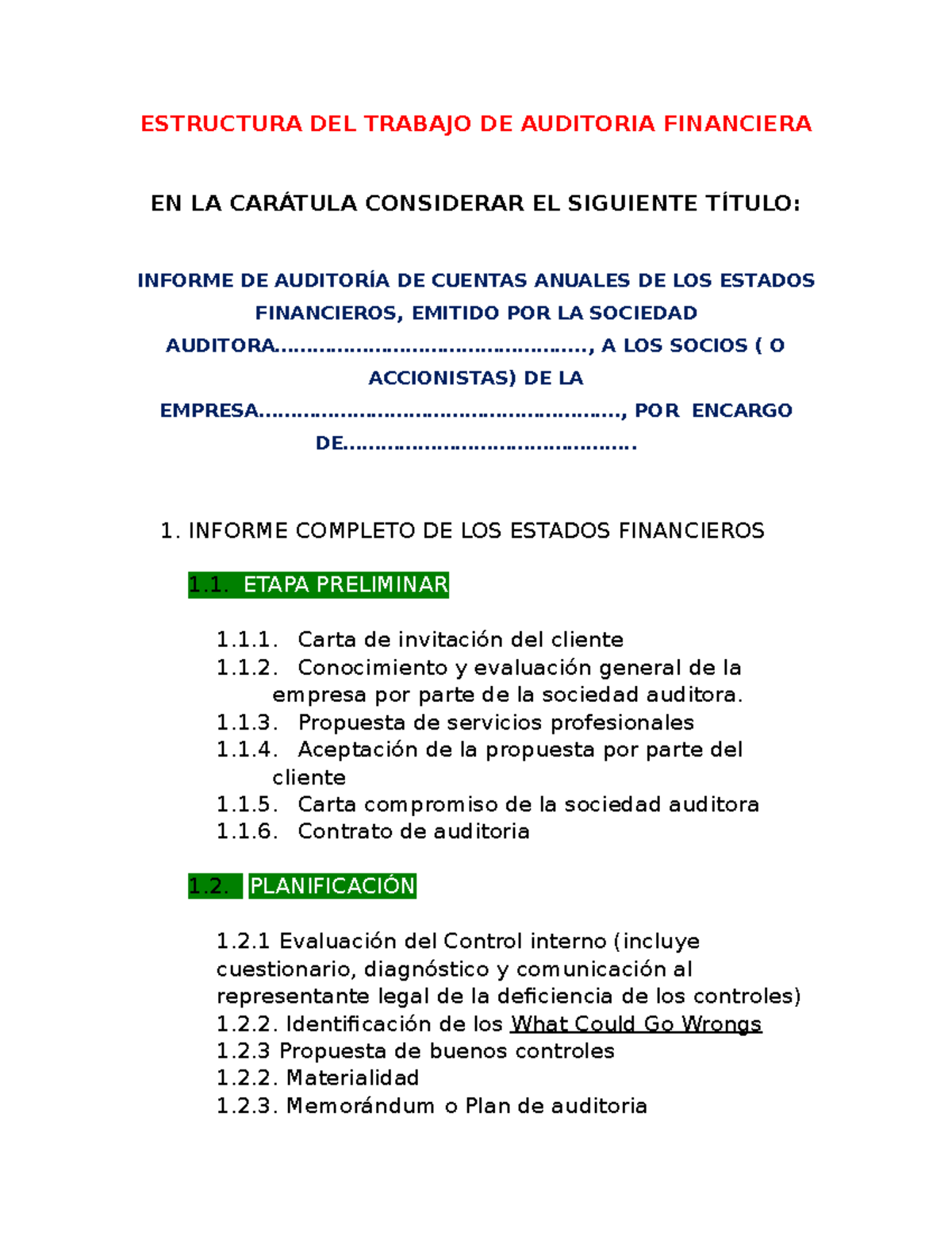 Estructura DE Auditoria Financiera - ESTRUCTURA DEL TRABAJO DE ...
