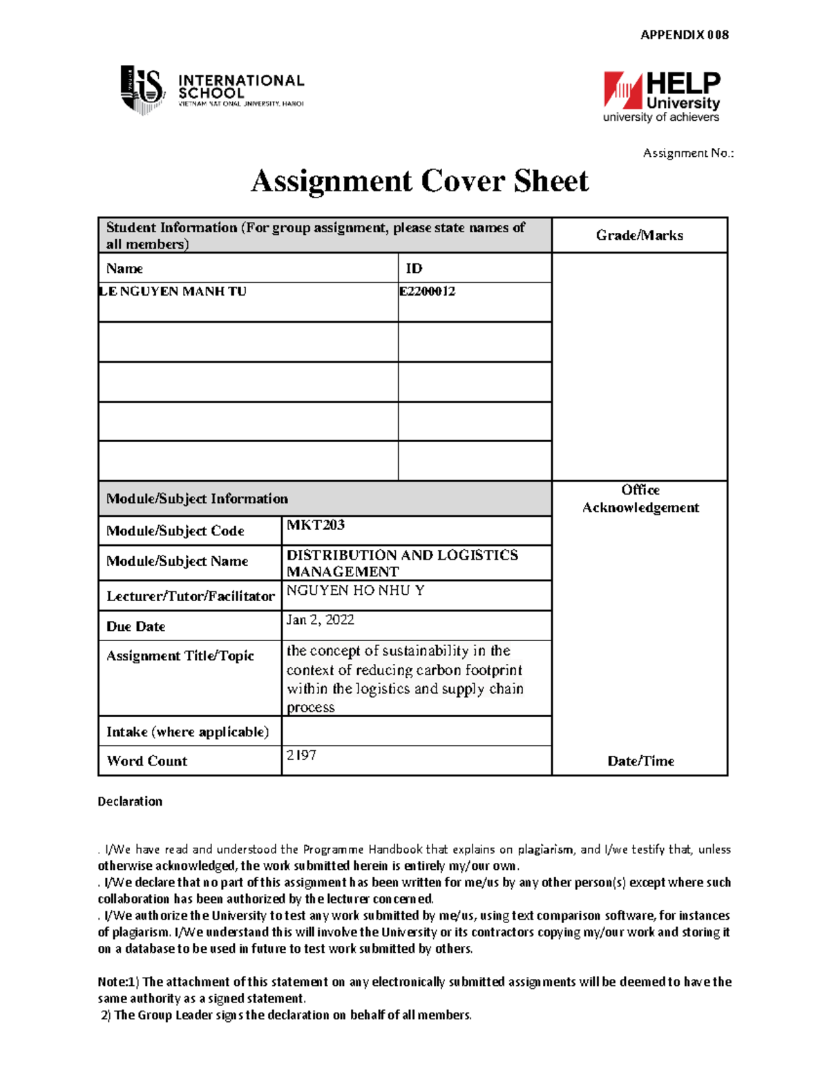 Final MKT203 - Logistics - APPENDIX 008 Assignment No.: Assignment ...