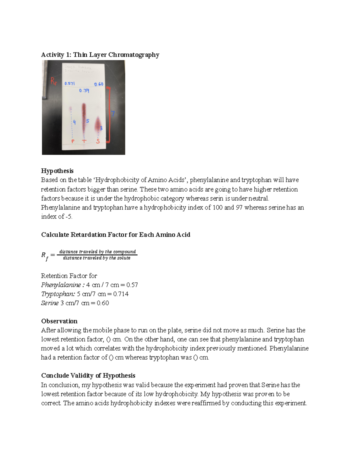 Biochemistry Lab Thin Layer Chromatography Activity 1 Thin Layer
