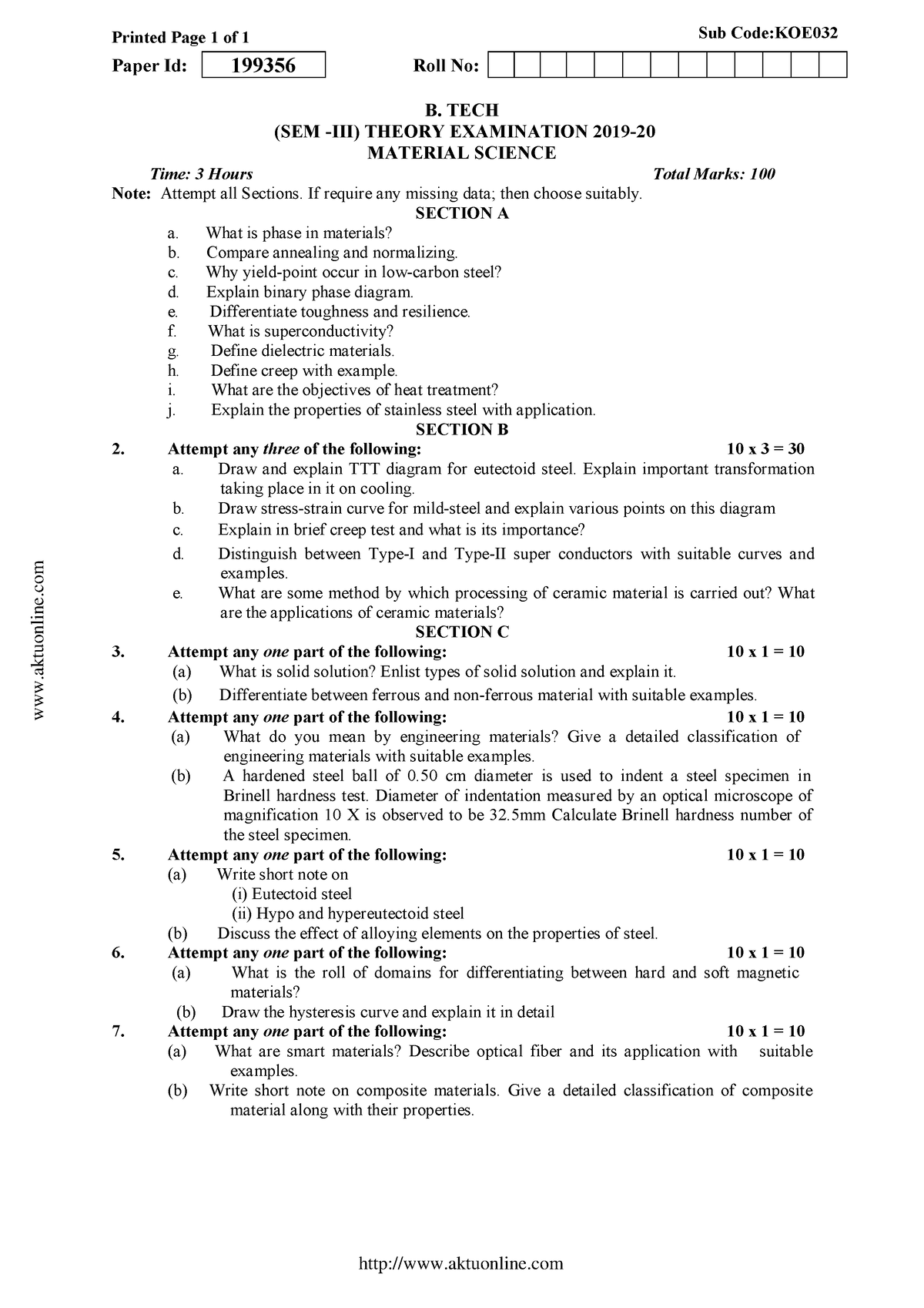 Btech 3 Sem Material Science Koe032 2020 - Printed Page 1 Of 1 Sub Code ...