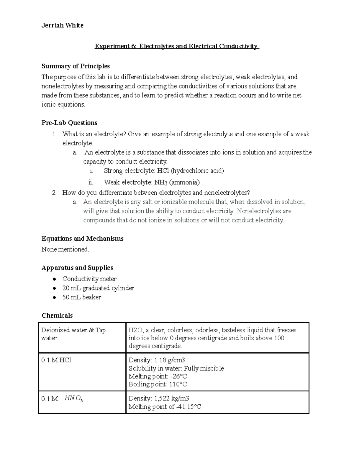 Chem Lab 6 lab report Experiment 6 Electrolytes and Electrical