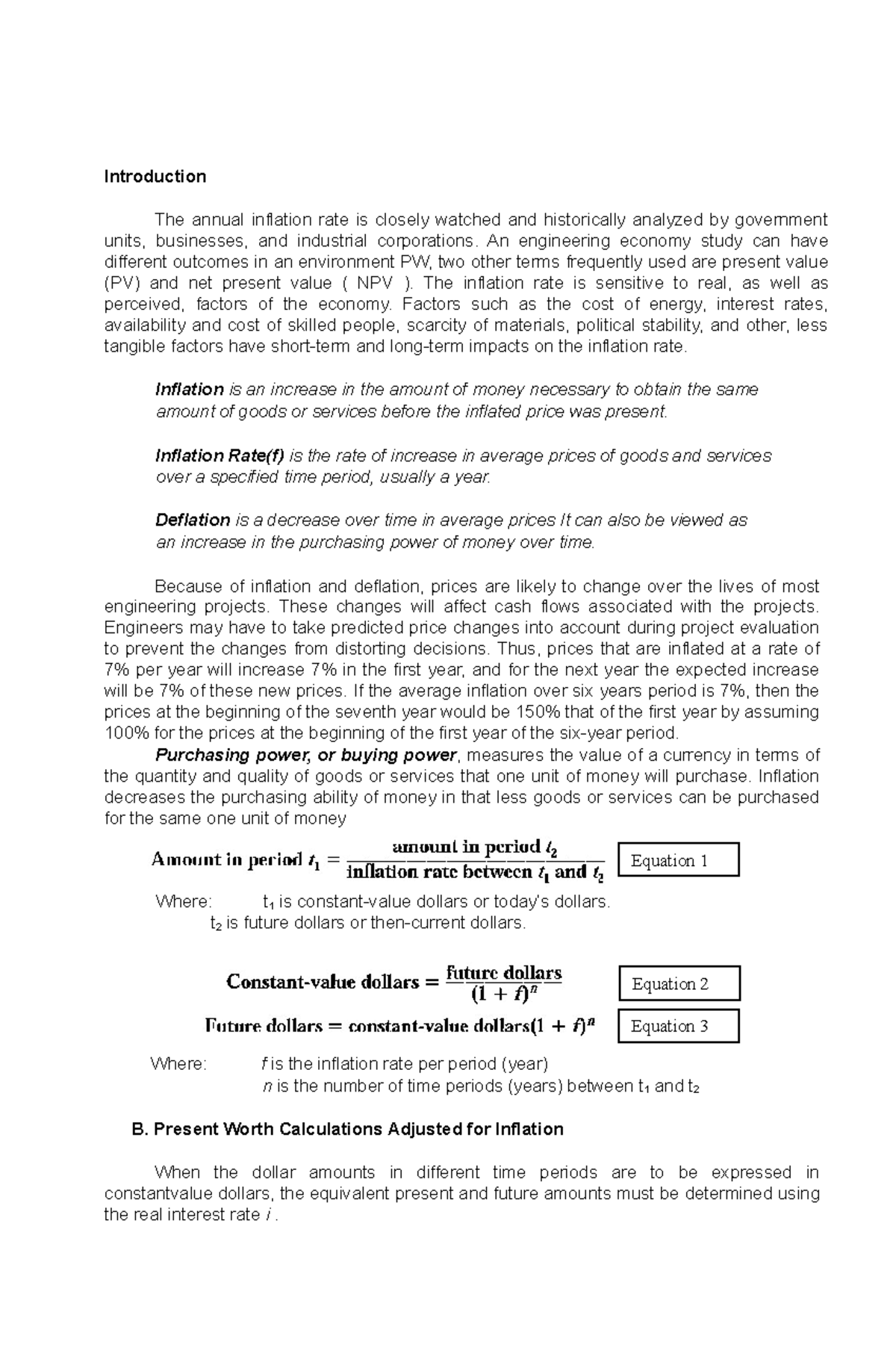 Engineering Economics Introduction The annual inflation rate is